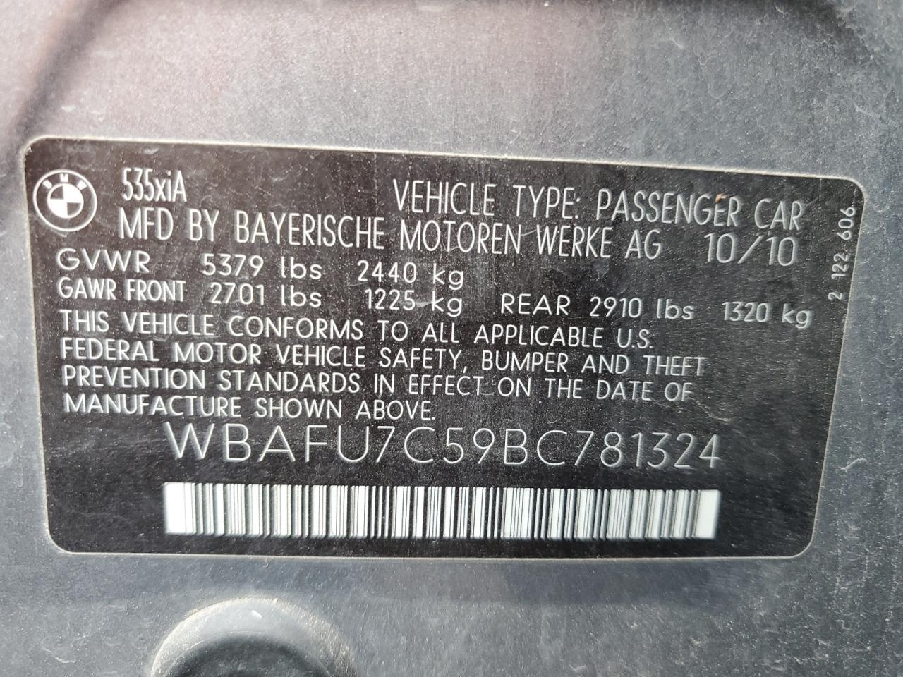 2011 BMW 535 Xi VIN: WBAFU7C59BC781324 Lot: 63908764