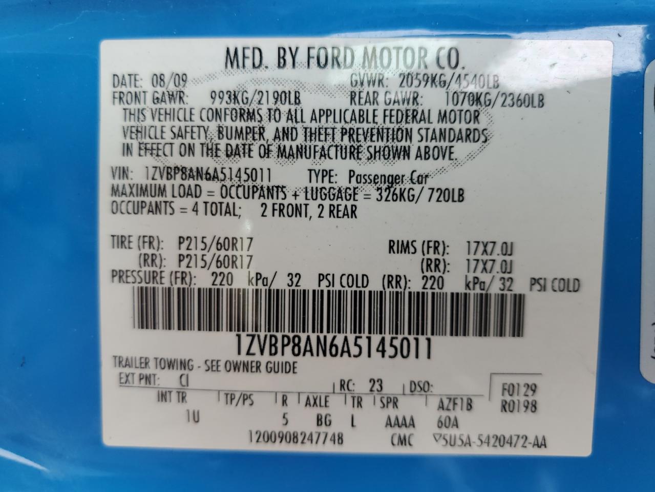 2010 Ford Mustang VIN: 1ZVBP8AN6A5145011 Lot: 61483844