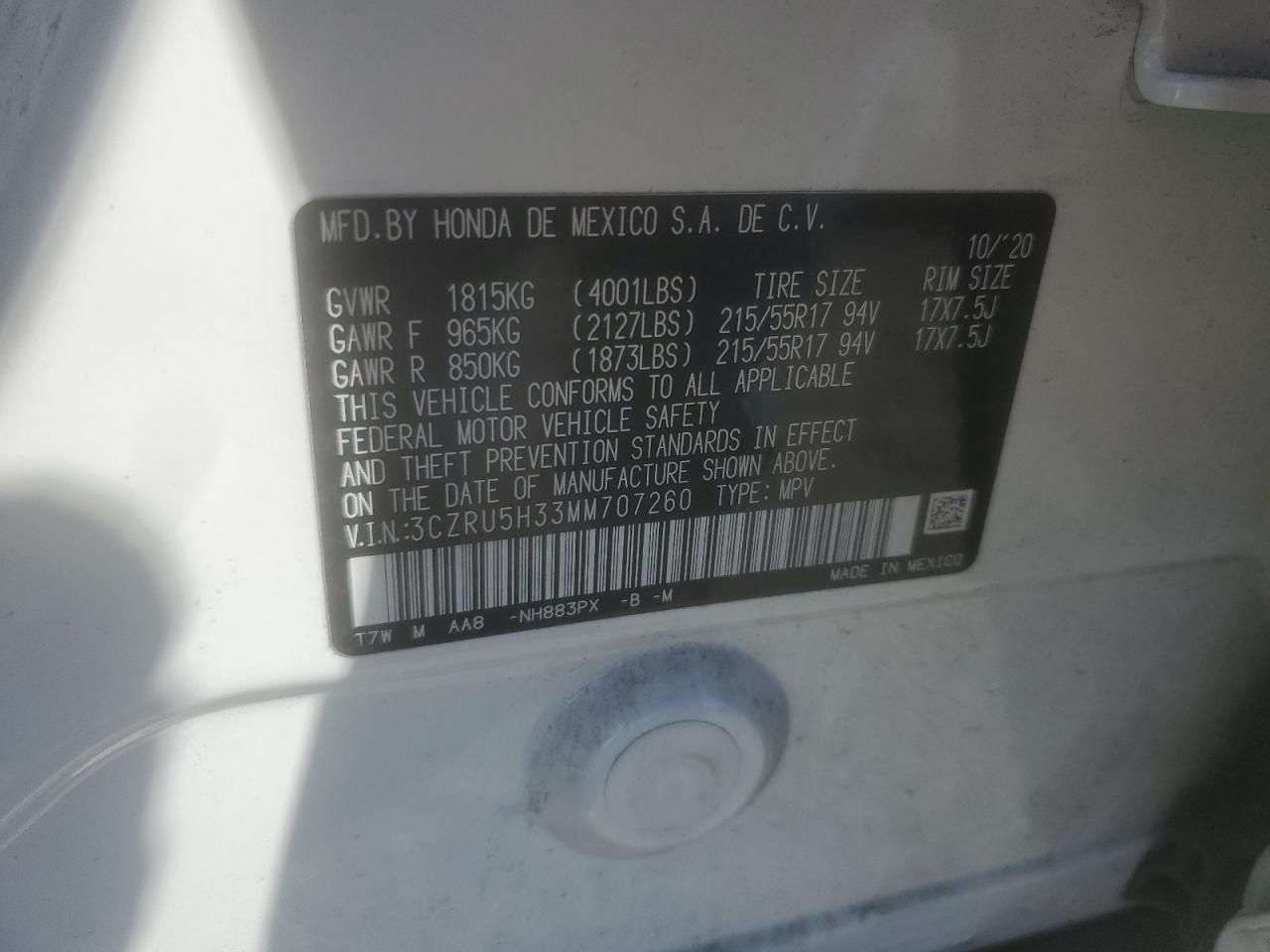 2021 Honda Hr-V Lx VIN: 3CZRU5H33MM707260 Lot: 65228434