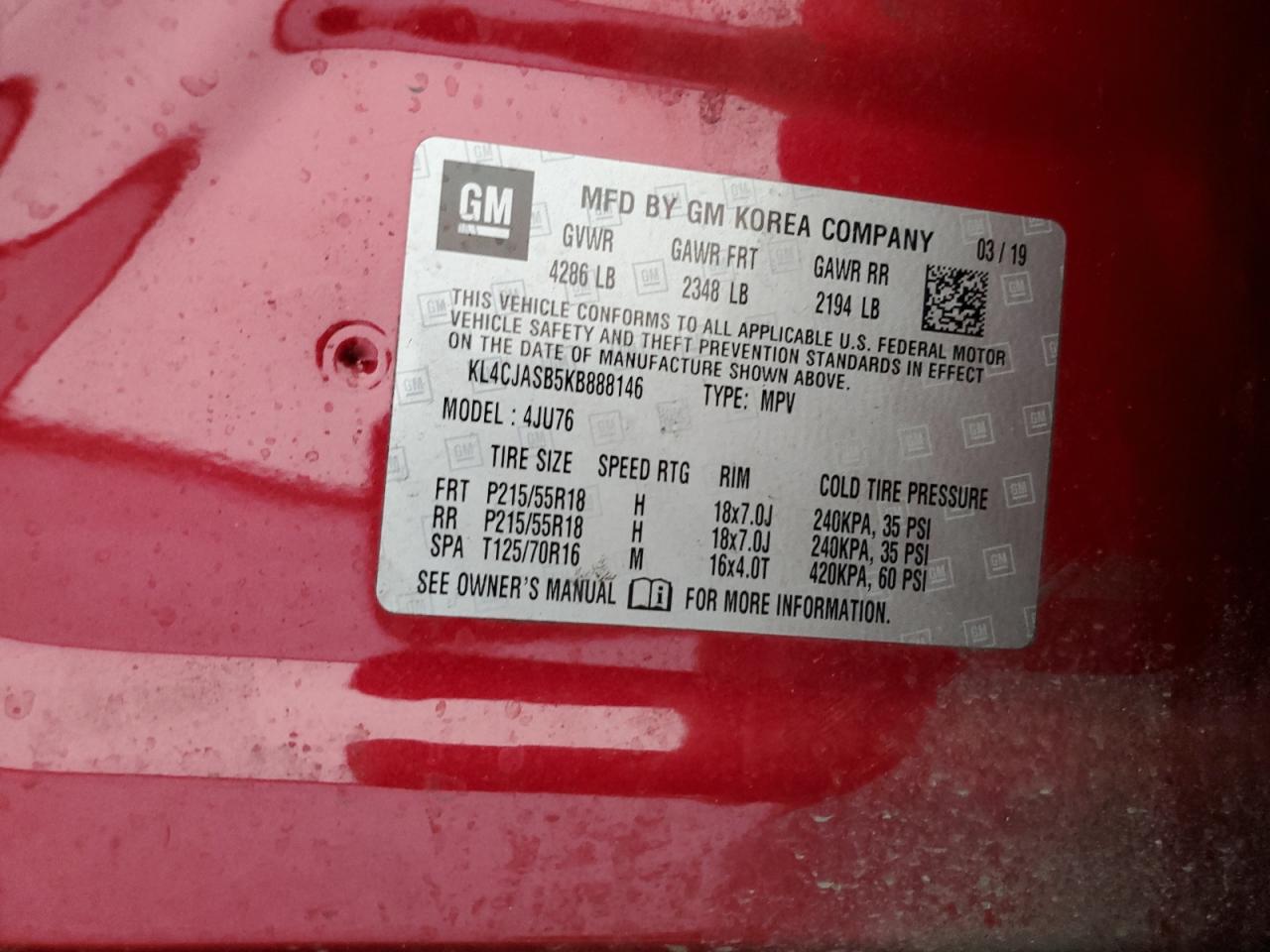 2019 Buick Encore Preferred VIN: KL4CJASB5KB888146 Lot: 62299524