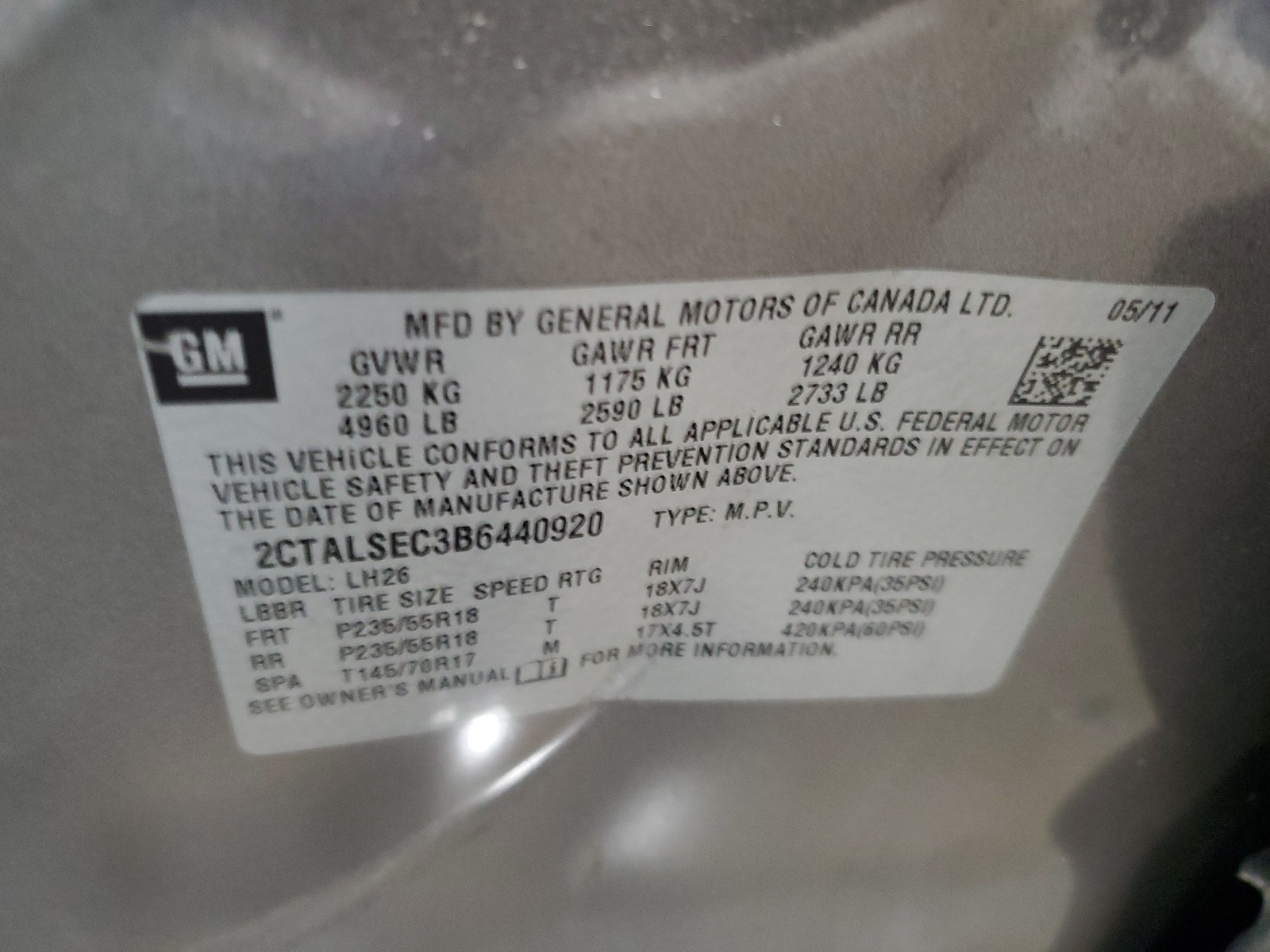 2CTALSEC3B6440920 2011 GMC Terrain Sle