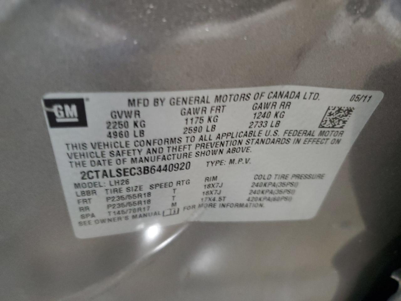 2011 GMC Terrain Sle VIN: 2CTALSEC3B6440920 Lot: 63385564