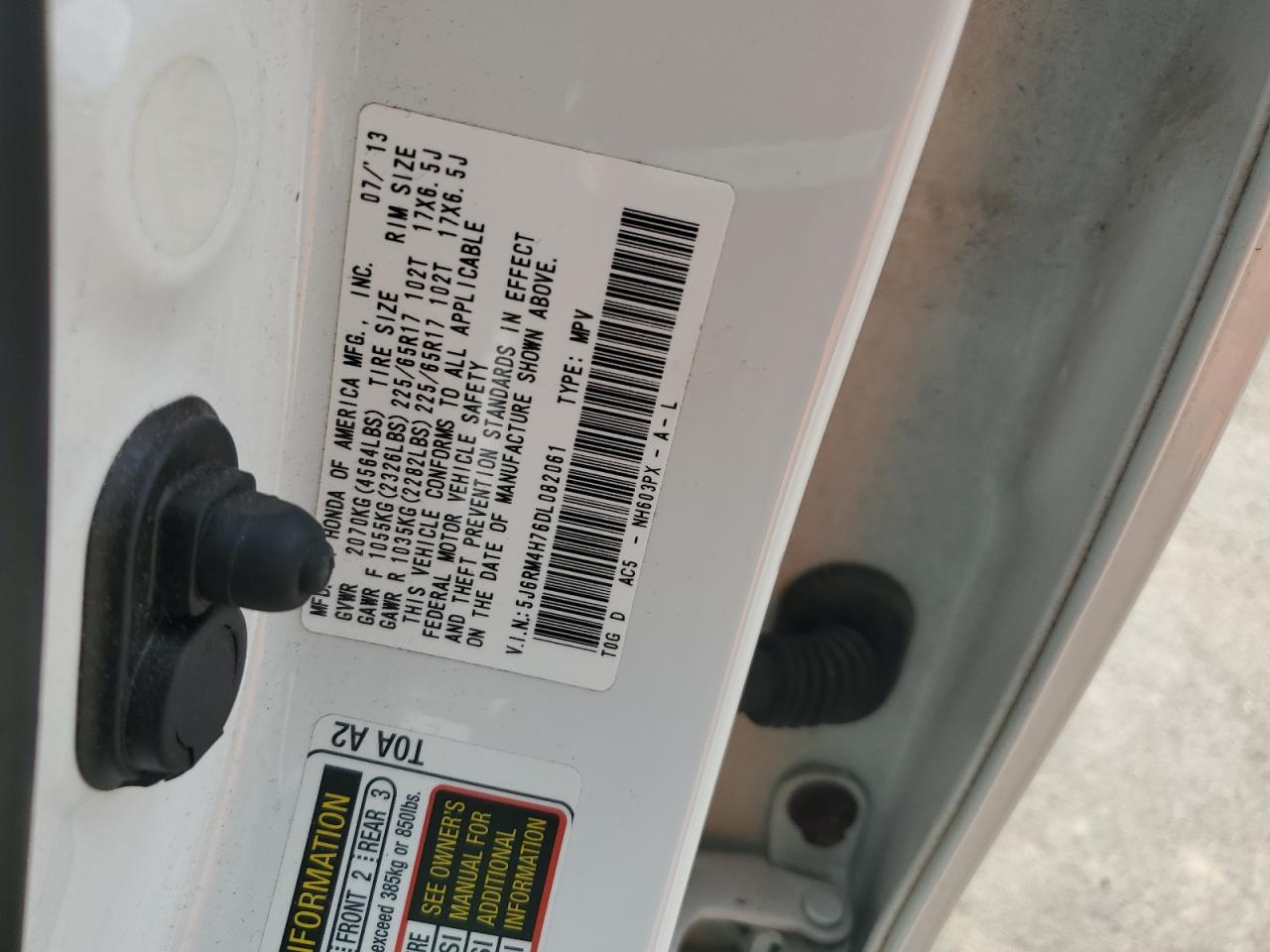 2013 Honda Cr-V Exl VIN: 5J6RM4H76DL082061 Lot: 61610244