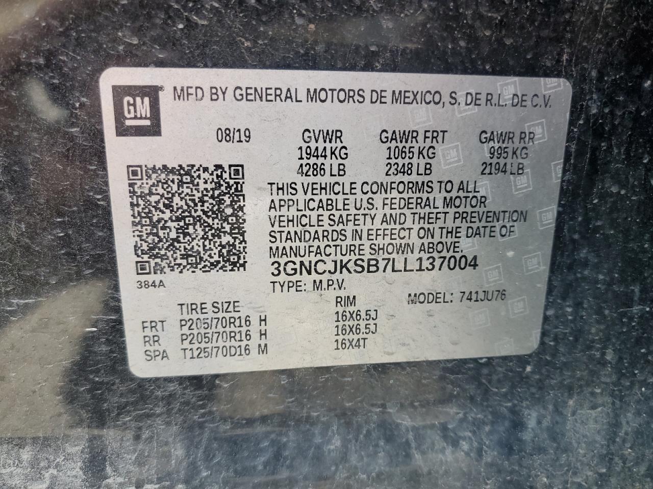 2020 Chevrolet Trax Ls VIN: 3GNCJKSB7LL137004 Lot: 63670864