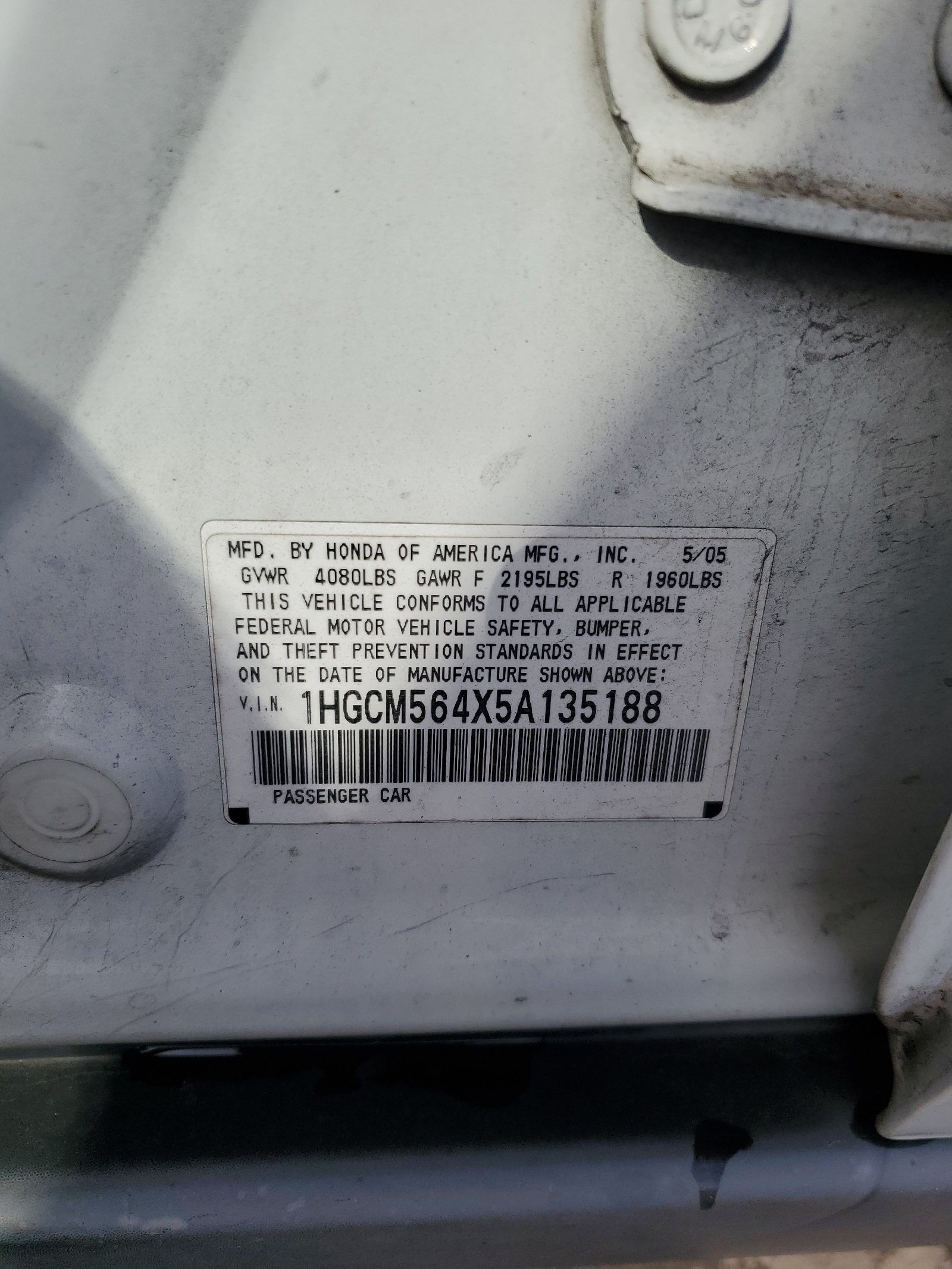 1HGCM564X5A135188 2005 Honda Accord Lx