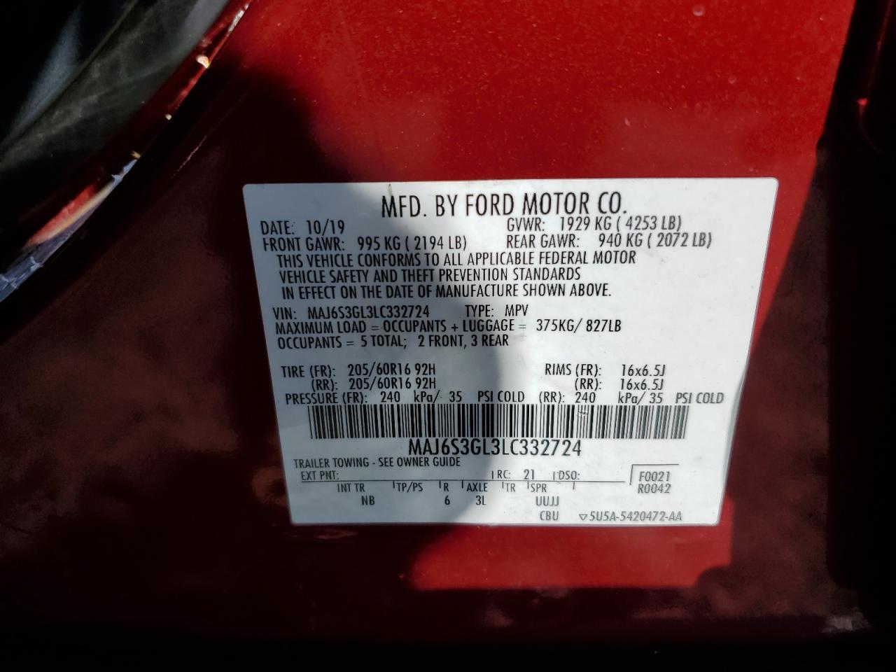 2020 Ford Ecosport Se VIN: MAJ6S3GL3LC332724 Lot: 62689964