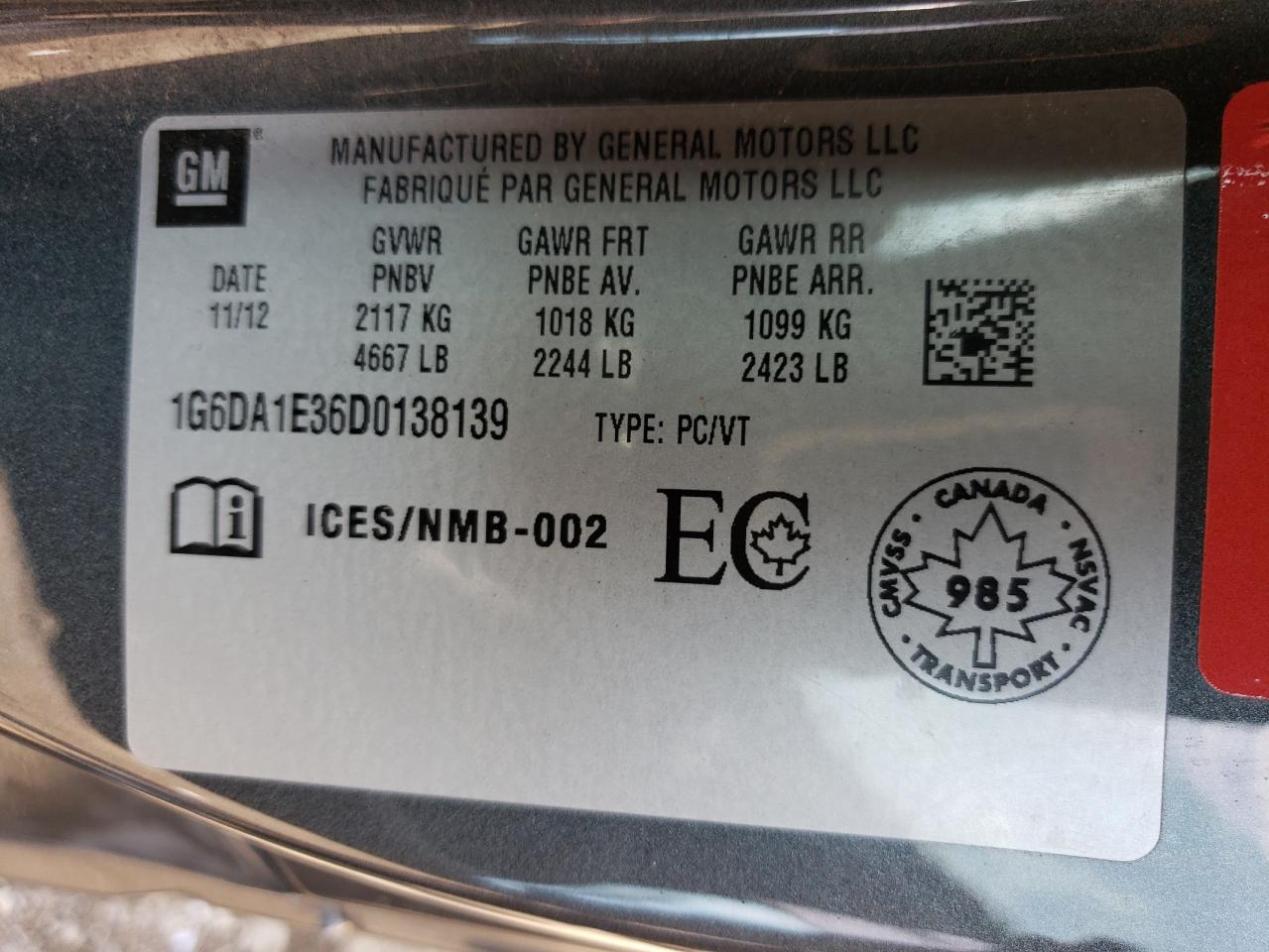 2013 Cadillac Cts VIN: 1G6DA1E36D0138139 Lot: 63051744