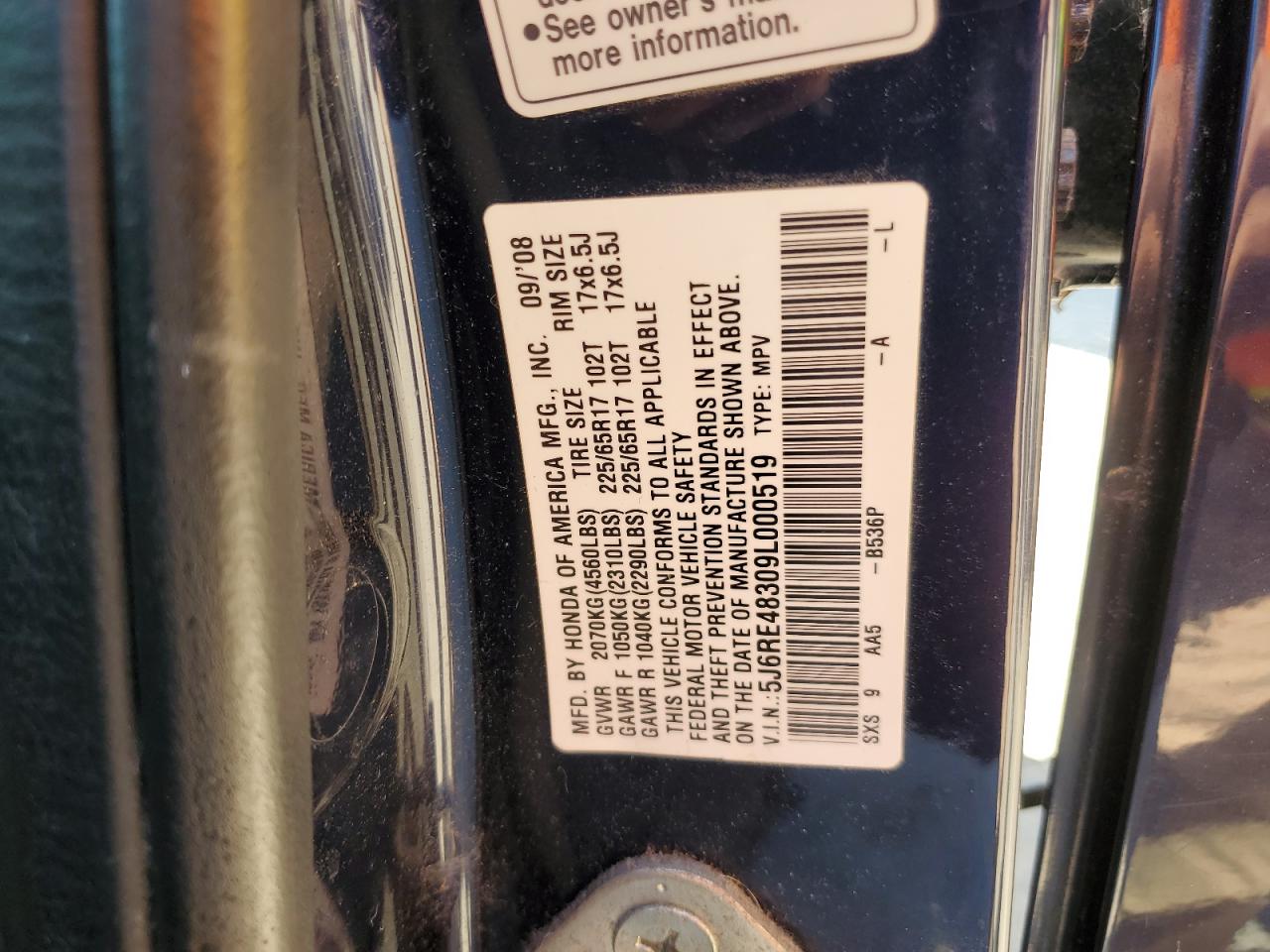 2009 Honda Cr-V Lx VIN: 5J6RE48309L000519 Lot: 63848464