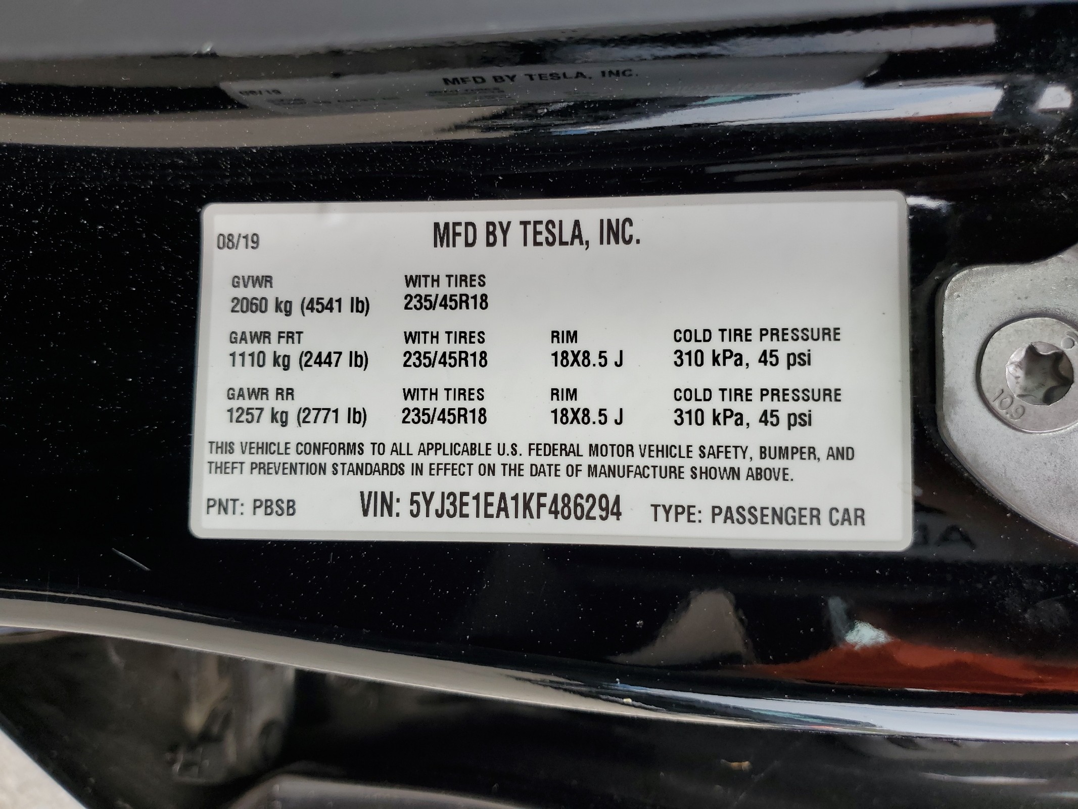 5YJ3E1EA1KF486294 2019 Tesla Model 3