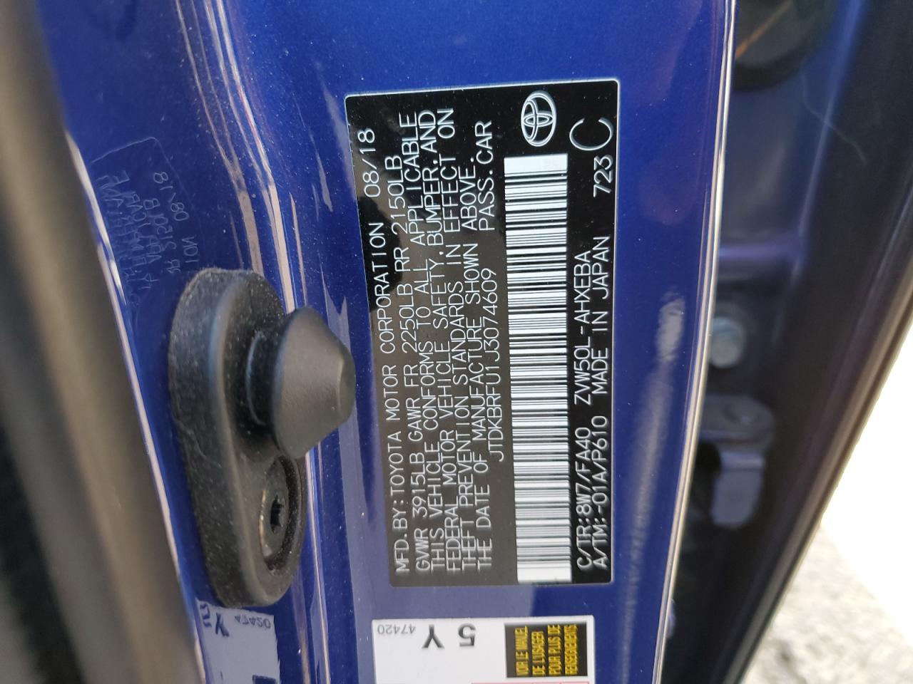 2018 Toyota Prius VIN: JTDKBRFU1J3074609 Lot: 64115554