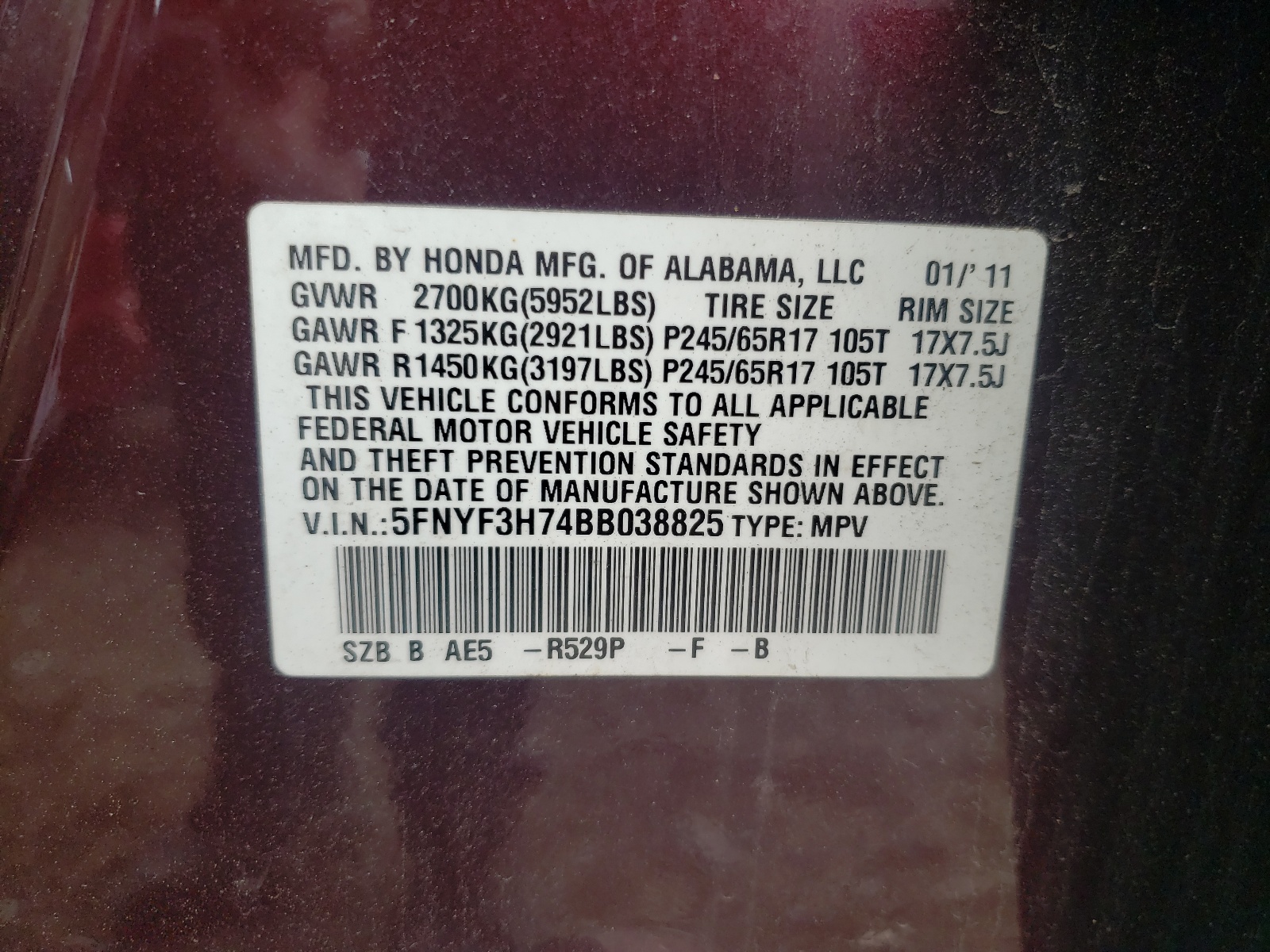 5FNYF3H74BB038825 2011 Honda Pilot Exln