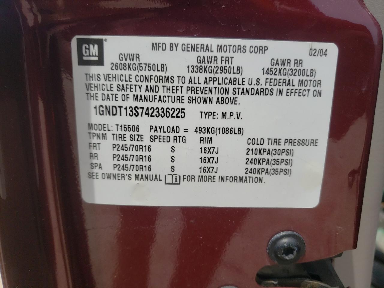 2004 Chevrolet Trailblazer Ls VIN: 1GNDT13S742336225 Lot: 62094064