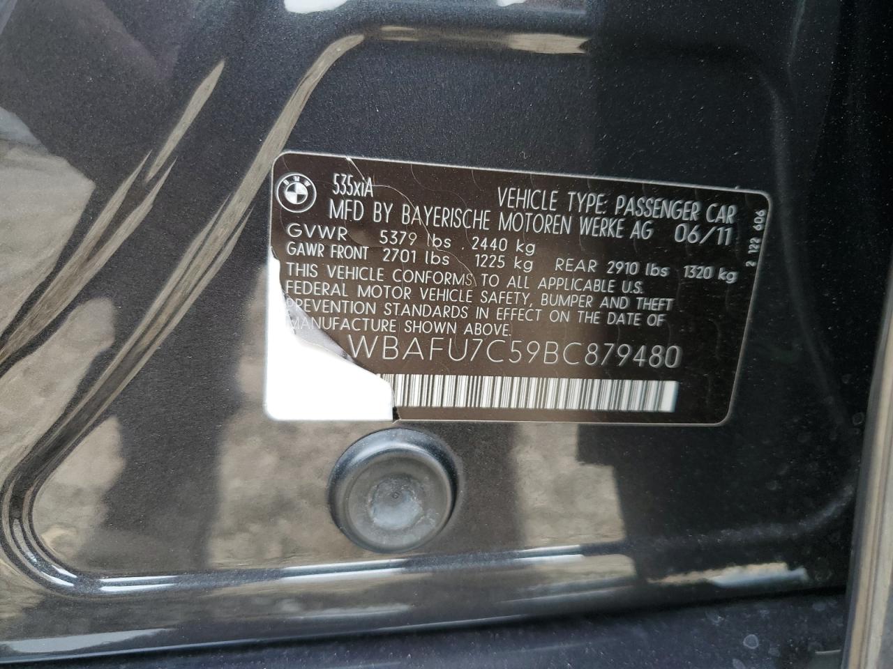 2011 BMW 535 Xi VIN: WBAFU7C59BC879480 Lot: 62439854