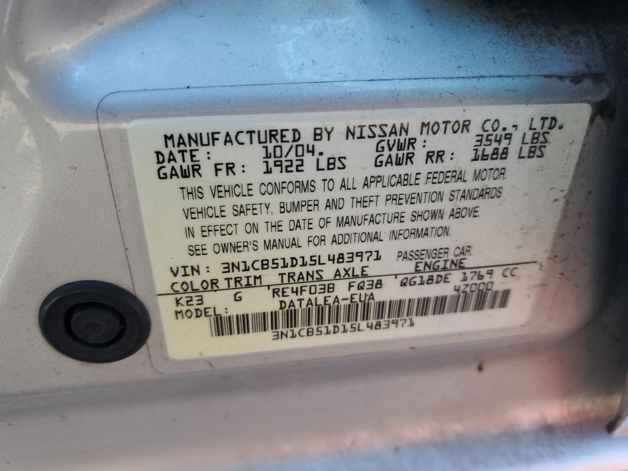 3N1CB51D15L483971 2005 Nissan Sentra 1.8