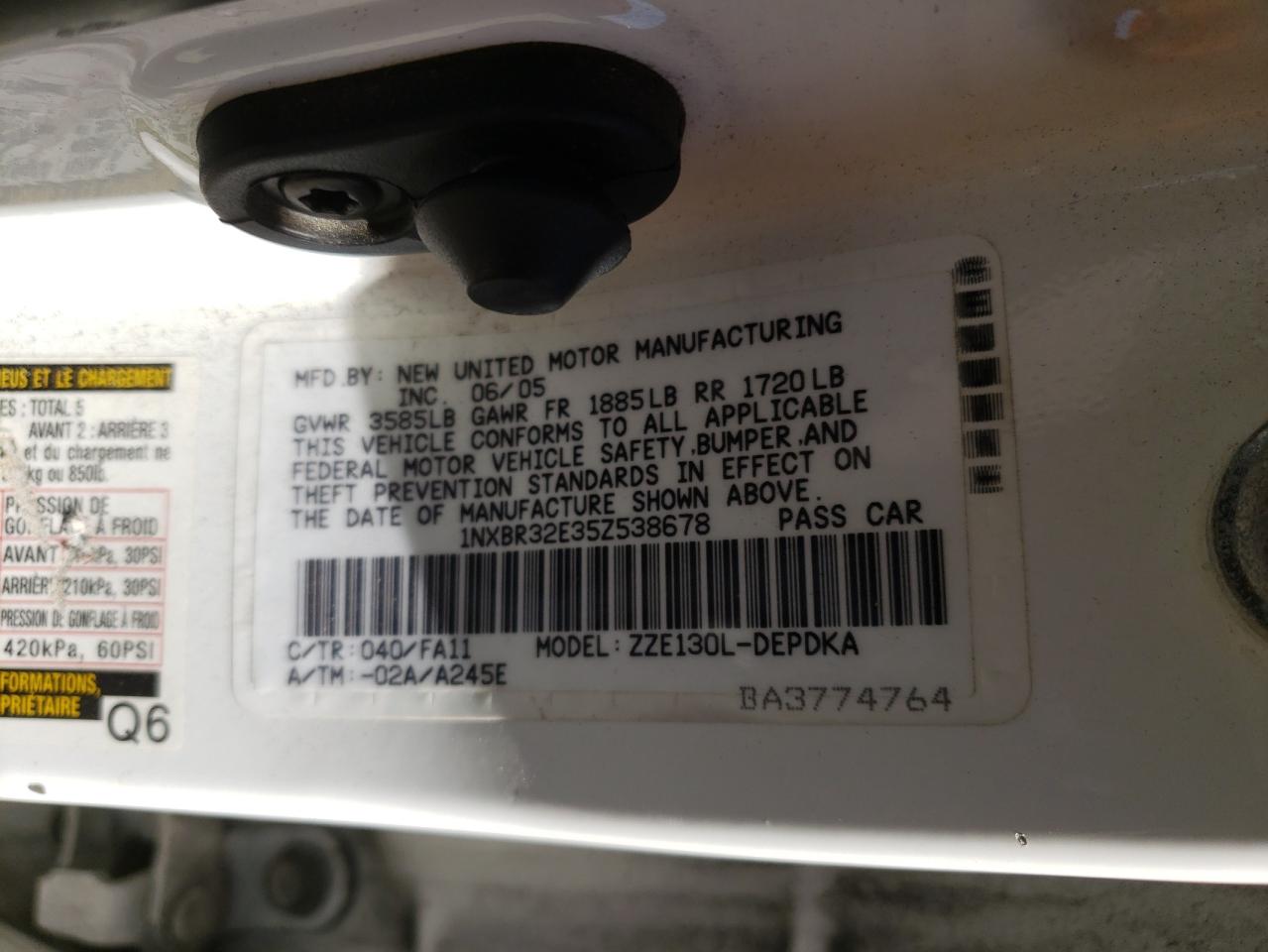 2005 Toyota Corolla Ce VIN: 1NXBR32E35Z538678 Lot: 65255374