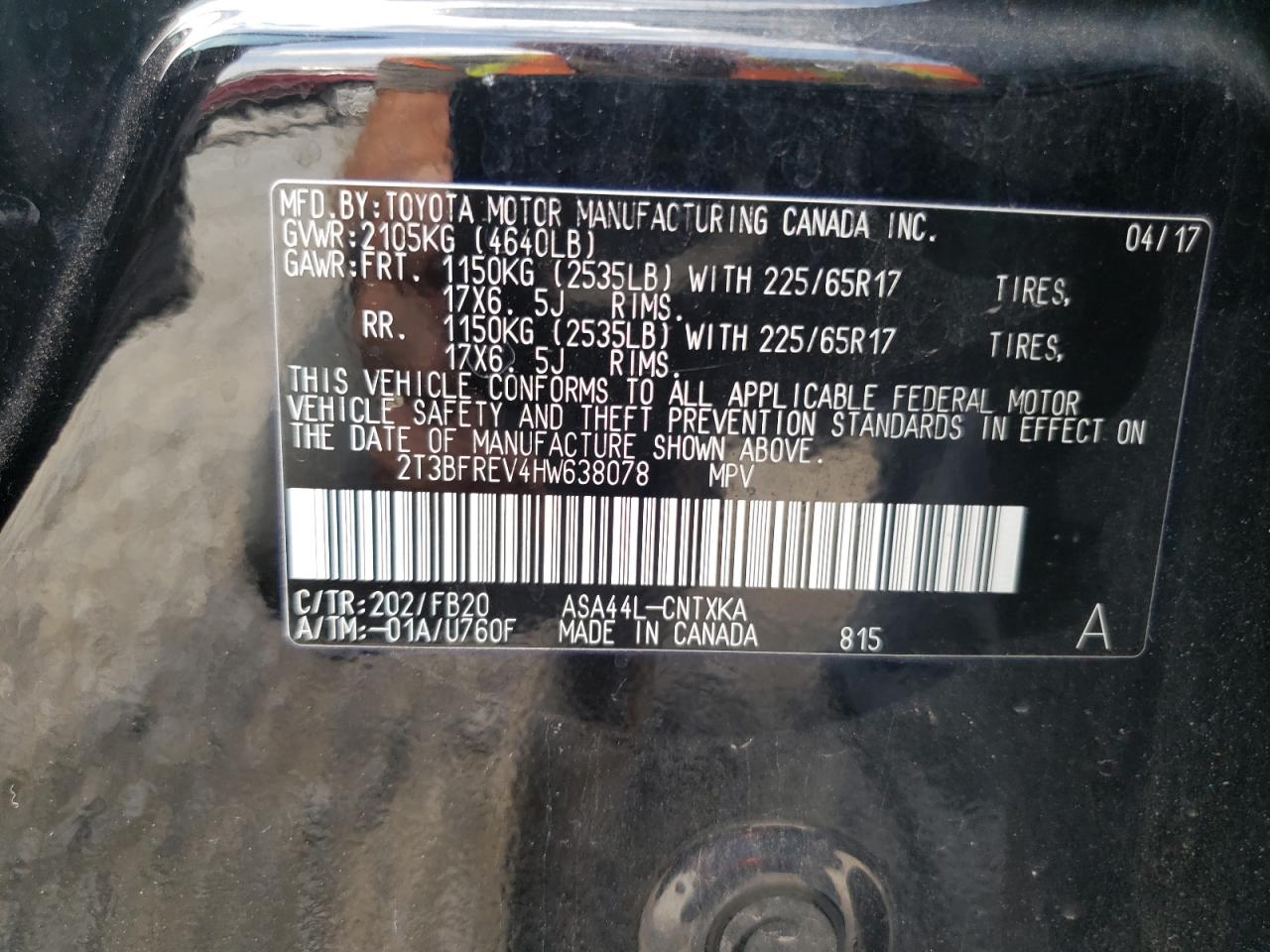 2017 Toyota Rav4 Le VIN: 2T3BFREV4HW638078 Lot: 63411724