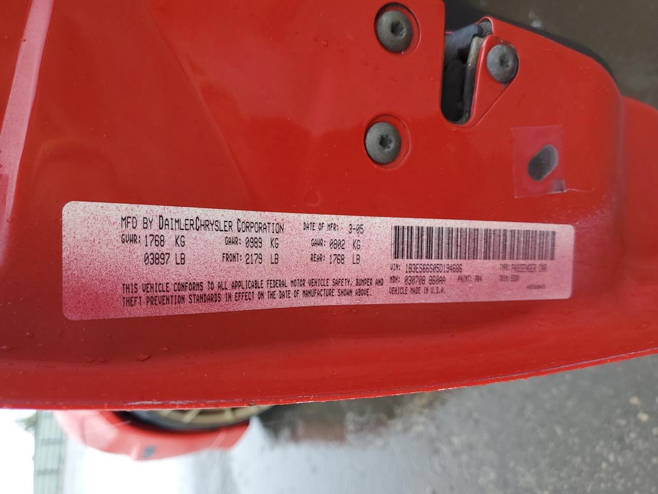 2005 Dodge Neon Srt-4 VIN: 1B3ES66S05D194686 Lot: 64244514