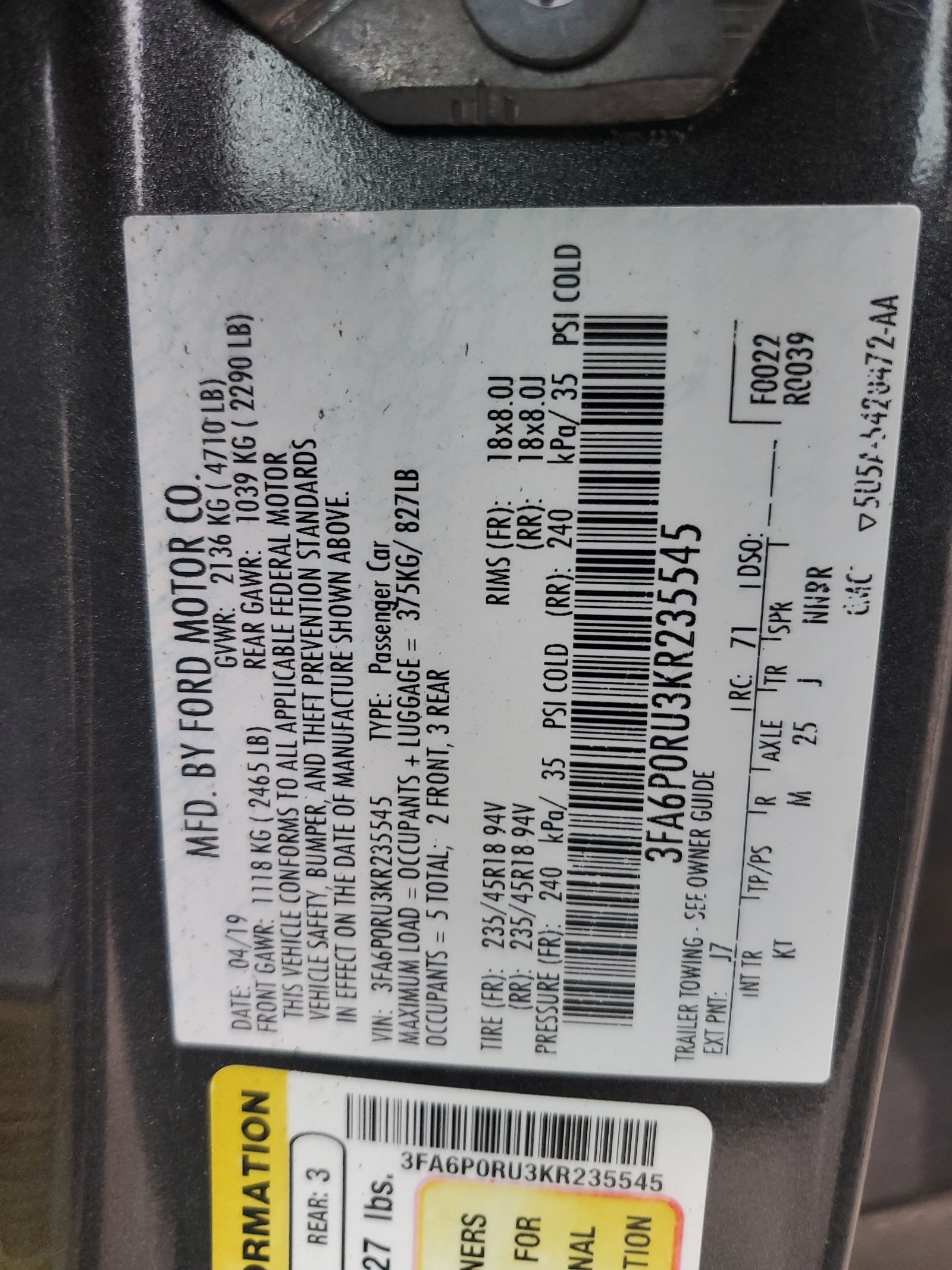 3FA6P0RU3KR235545 2019 Ford Fusion Titanium