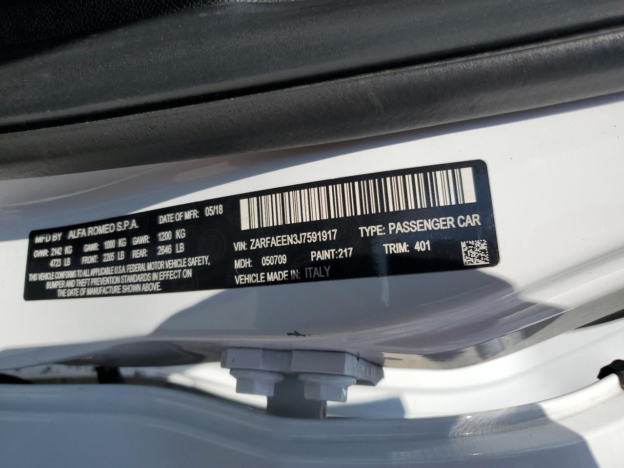 2018 Alfa Romeo Giulia Ti Q4 VIN: ZARFAEEN3J7591917 Lot: 61900294