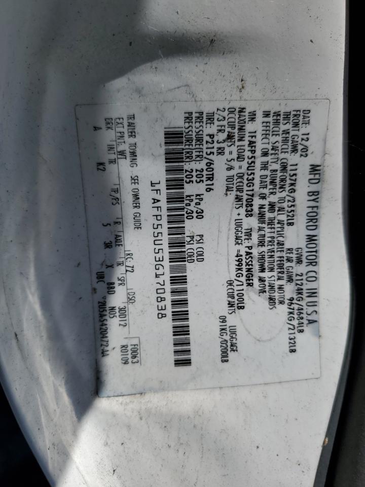 2003 Ford Taurus Ses VIN: 1FAFP55U53G170838 Lot: 61341504