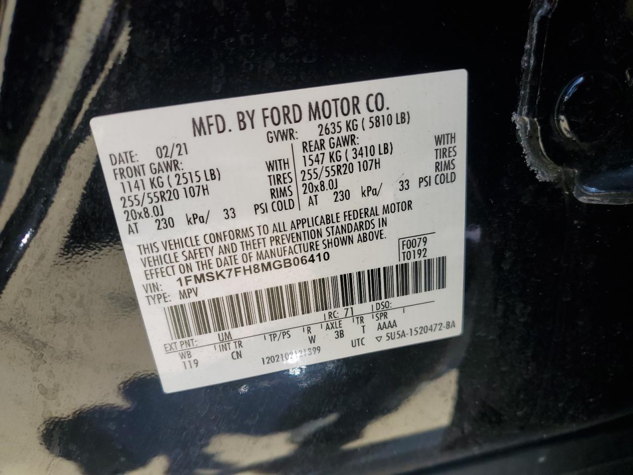 2021 Ford Explorer Limited VIN: 1FMSK7FH8MGB06410 Lot: 63586034