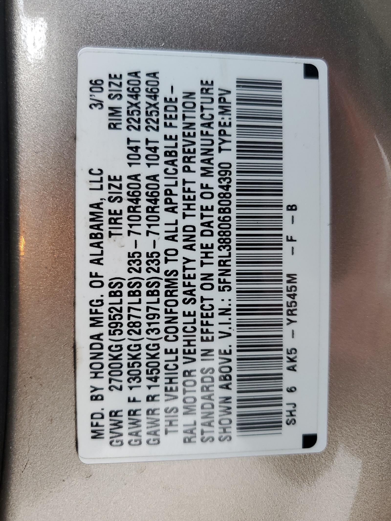 5FNRL38806B084390 2006 Honda Odyssey Touring
