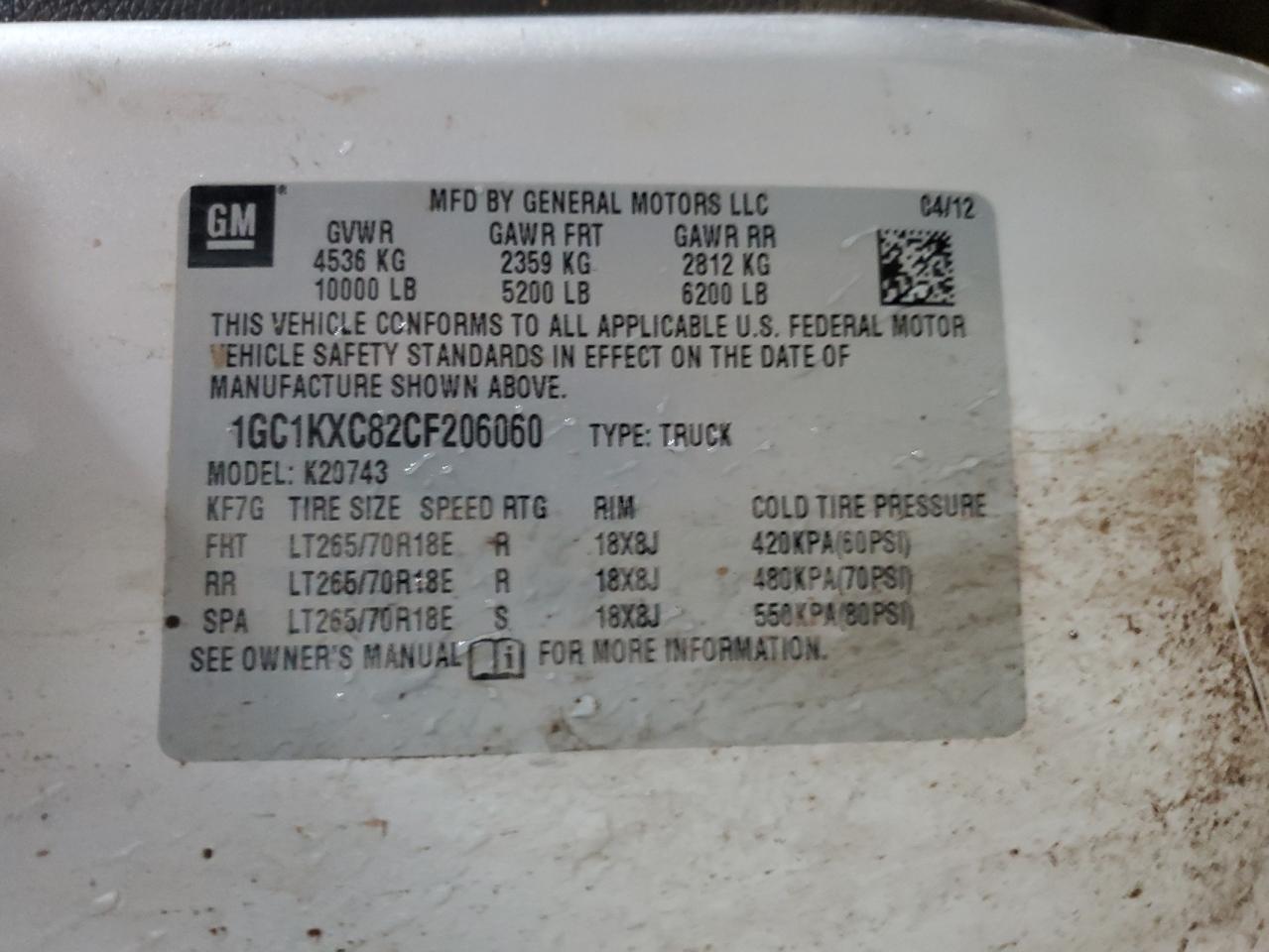 2012 Chevrolet Silverado K2500 Heavy Duty Lt VIN: 1GC1KXC82CF206060 Lot: 61102774