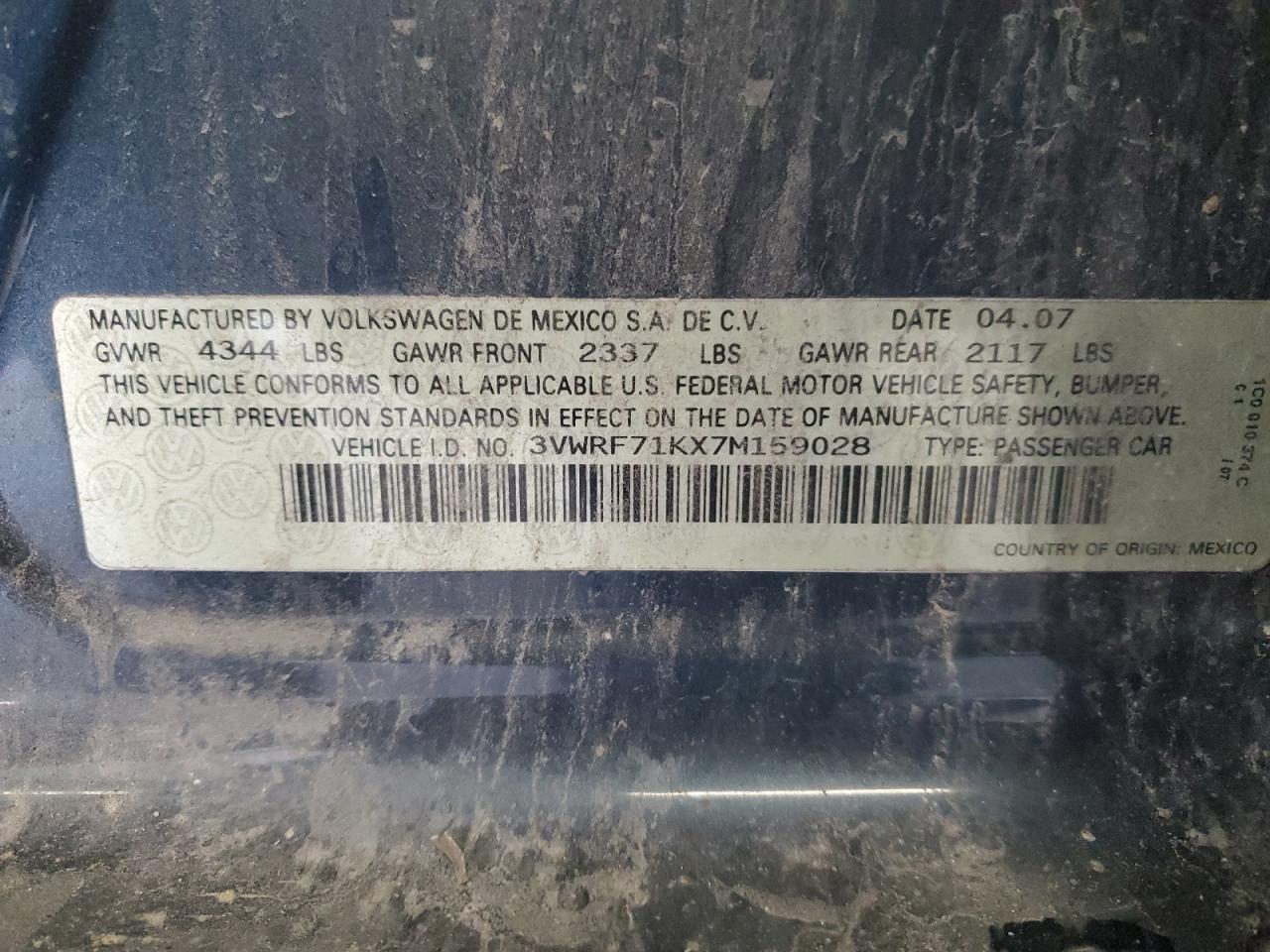 2007 Volkswagen Jetta 2.5 Option Package 1 VIN: 3VWRF71KX7M159028 Lot: 64791944