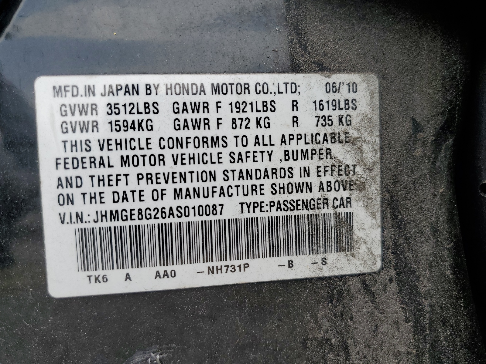 JHMGE8G26AS010087 2010 Honda Fit