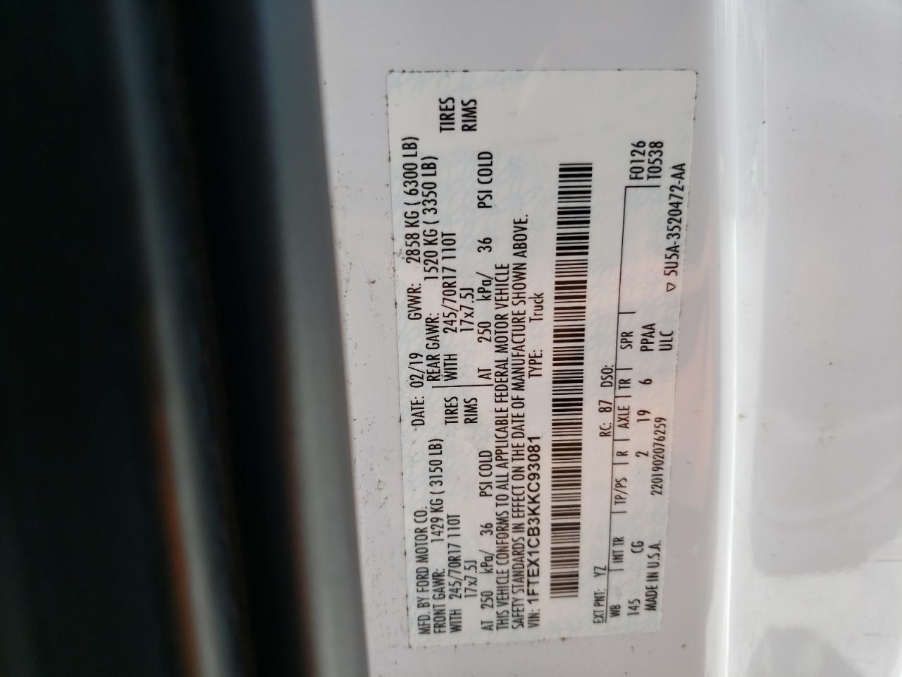 2019 Ford F150 Super Cab VIN: 1FTEX1CB3KKC93081 Lot: 63809634