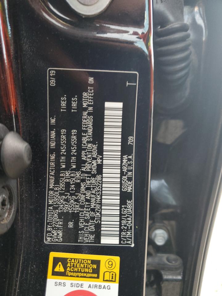 2019 Toyota Highlander Se VIN: 5TDKZRFH4KS352286 Lot: 63396424