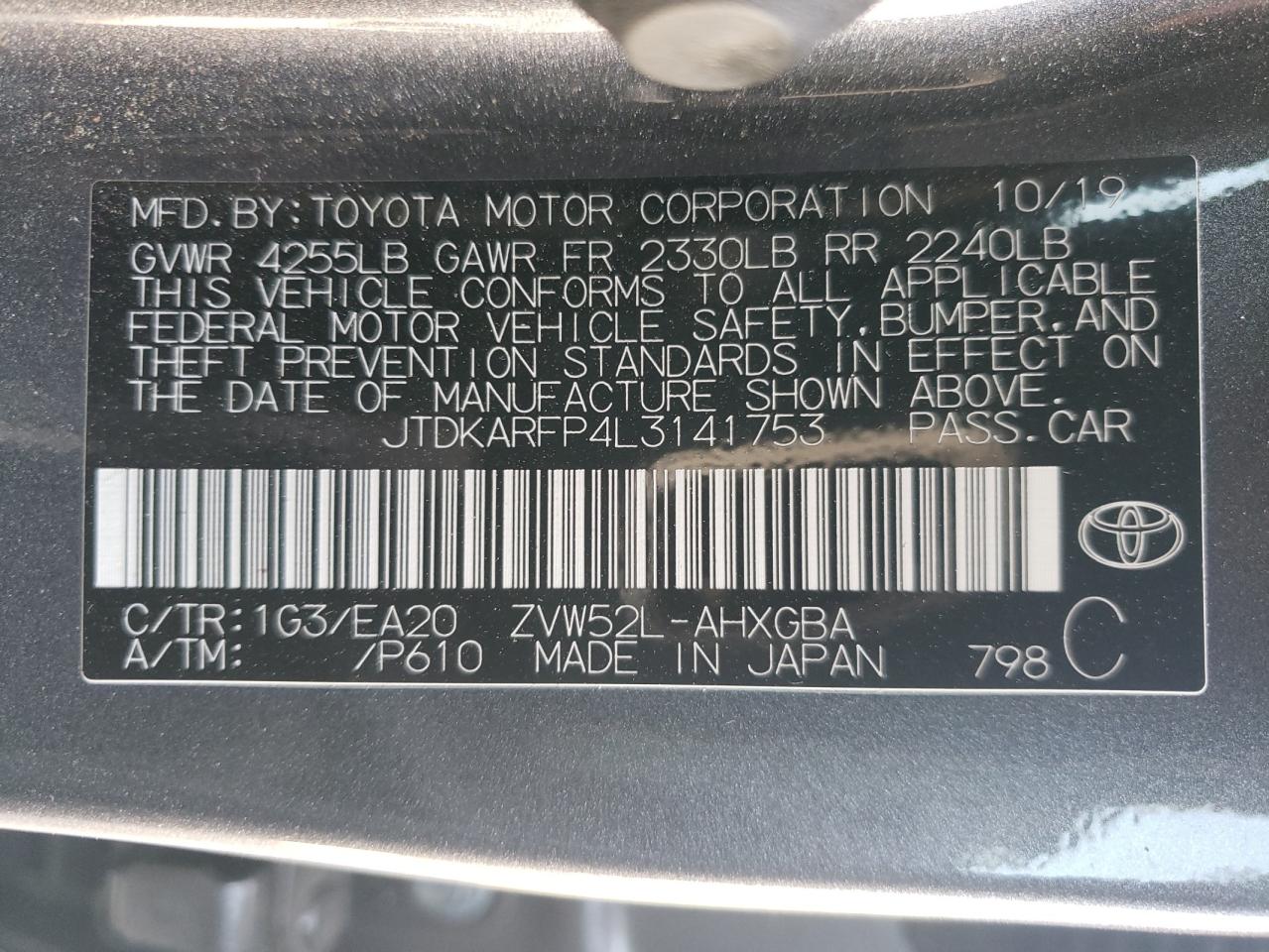 2020 Toyota Prius Prime Le VIN: JTDKARFP4L3141753 Lot: 64011364