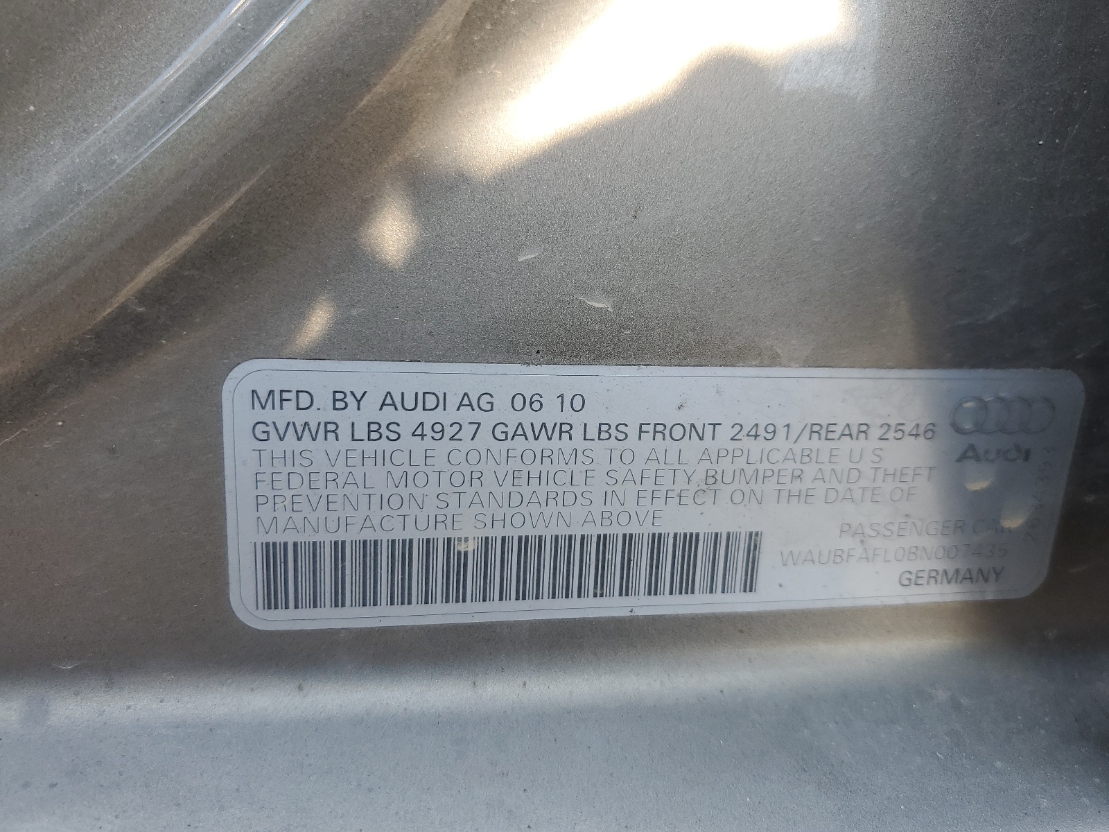 WAUBFAFL0BN007435 2011 Audi A4 Premium