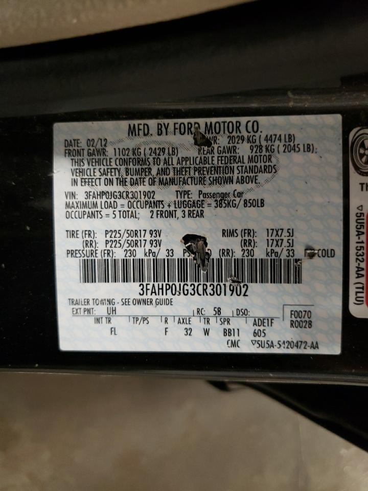 2012 Ford Fusion Sel VIN: 3FAHP0JG3CR301902 Lot: 62362914