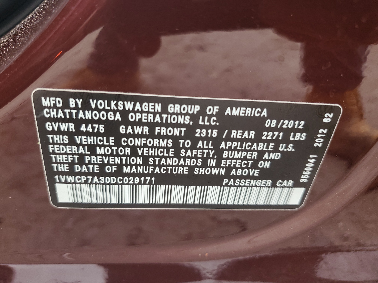 1VWCP7A30DC029171 2013 Volkswagen Passat Sel