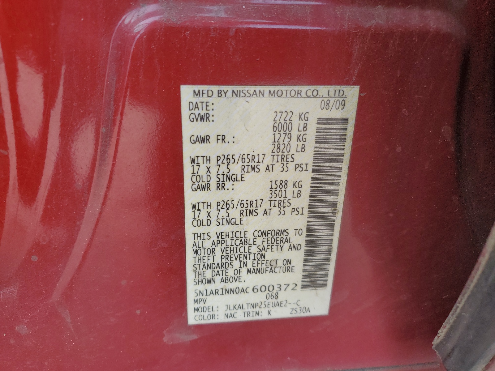 5N1AR1NN0AC600372 2010 Nissan Pathfinder S