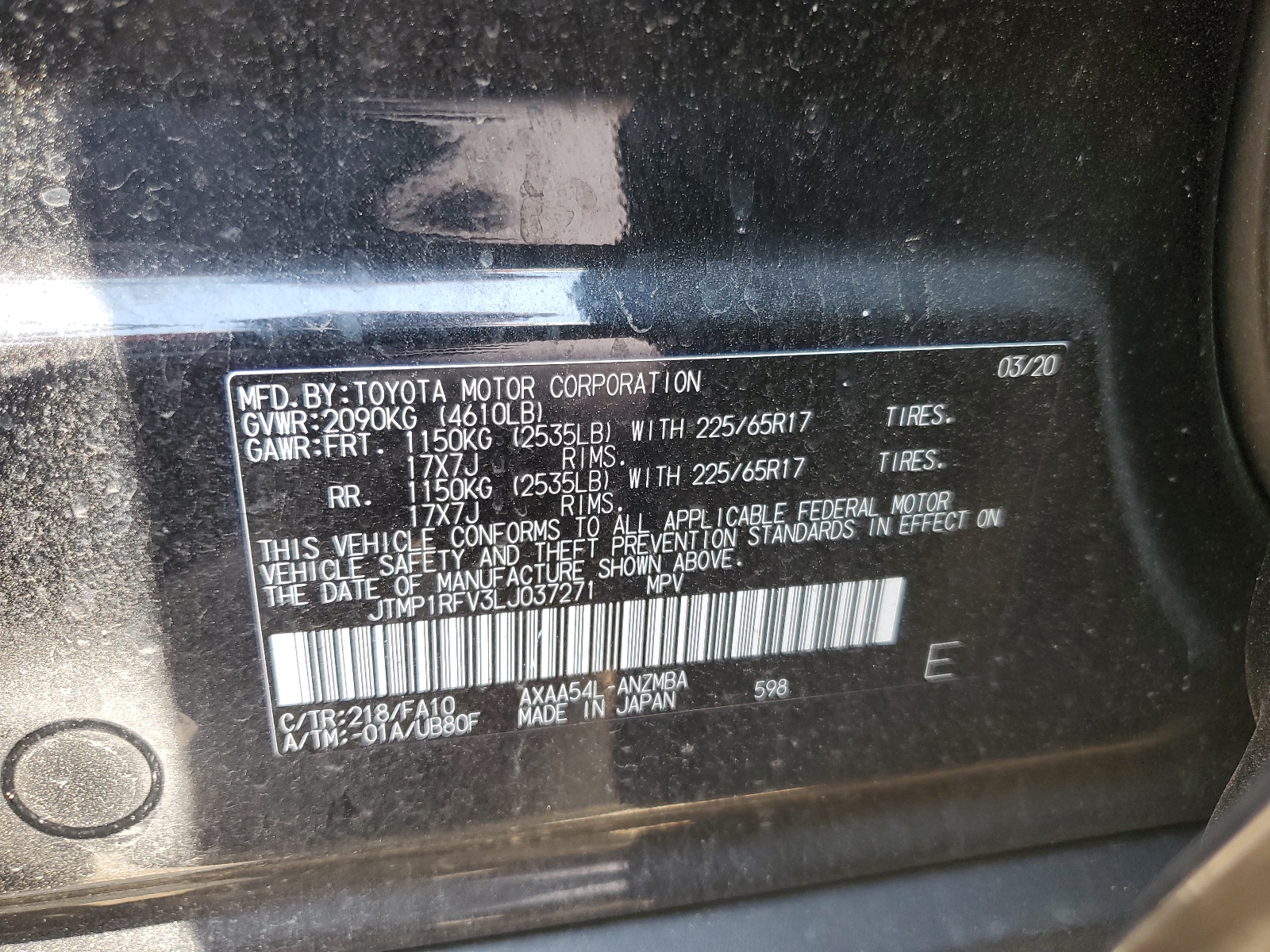 JTMP1RFV3LJ037271 2020 Toyota Rav4 Xle