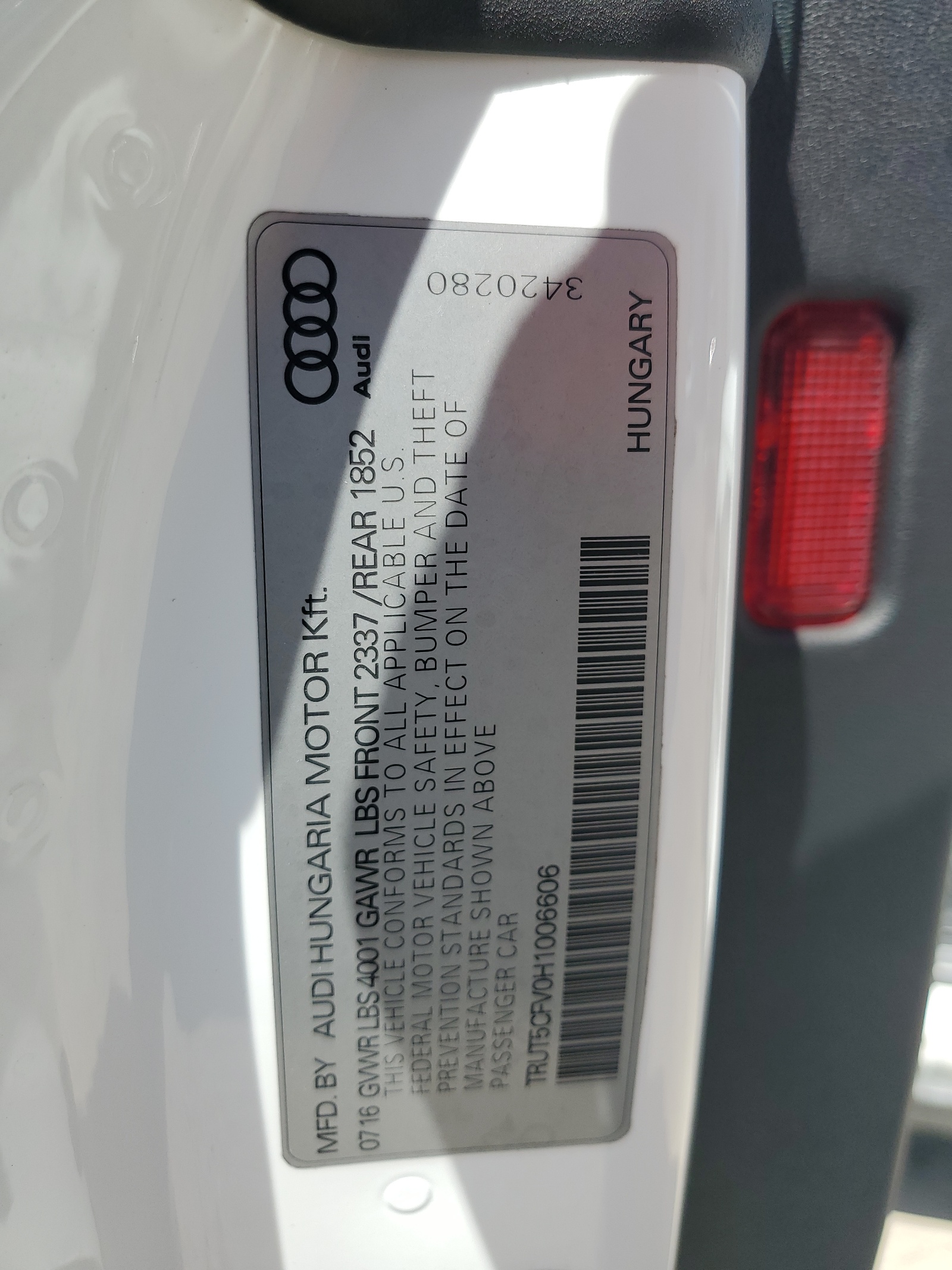 TRUT5CFV0H1006606 2017 Audi Tt