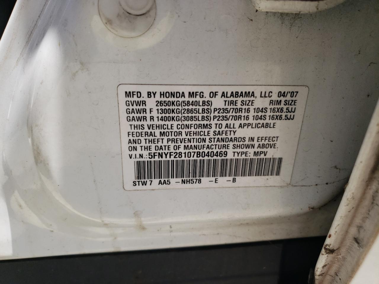 2007 Honda Pilot Lx VIN: 5FNYF28107B040469 Lot: 63233234