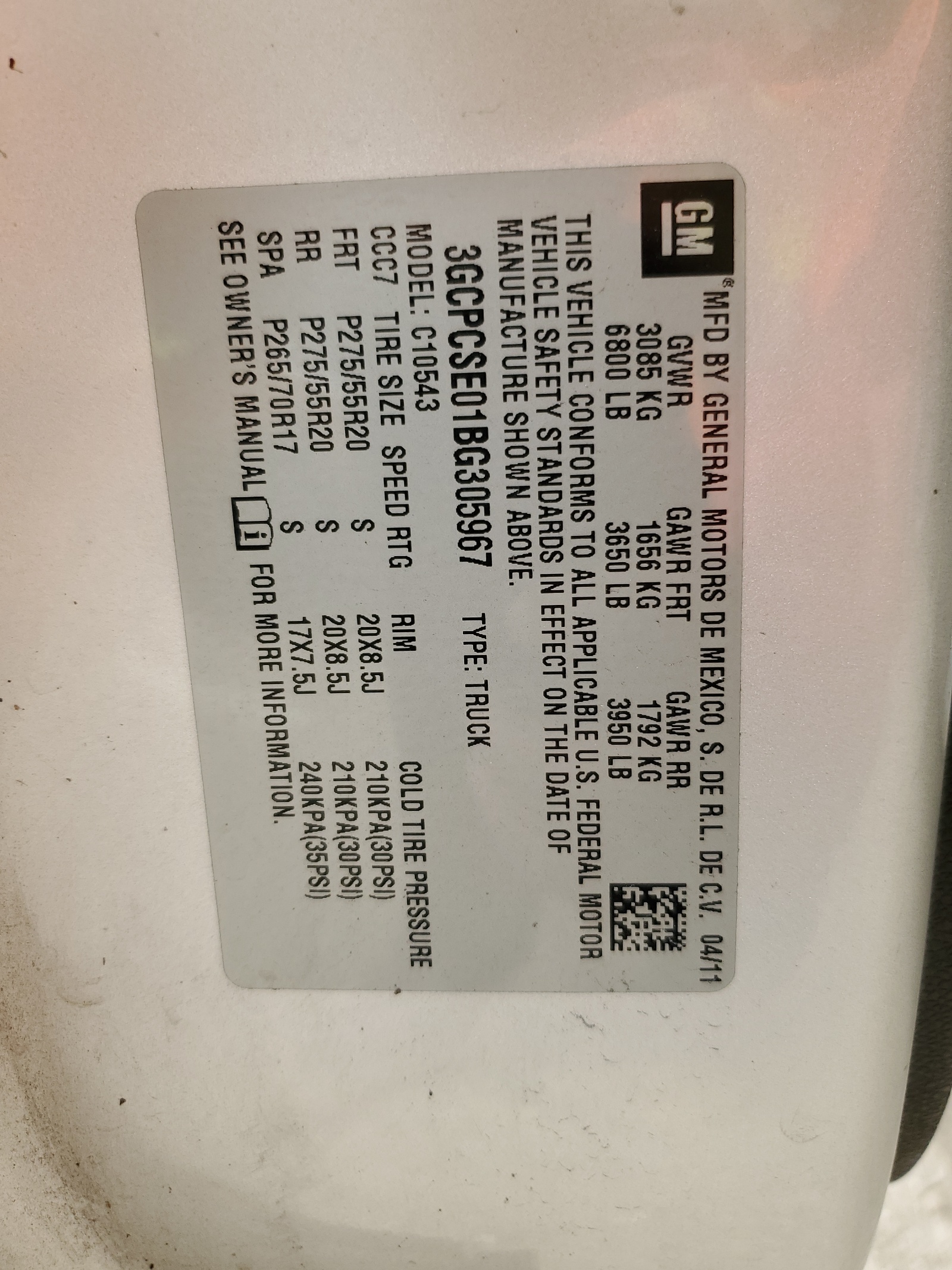 3GCPCSE01BG305967 2011 Chevrolet Silverado C1500 Lt