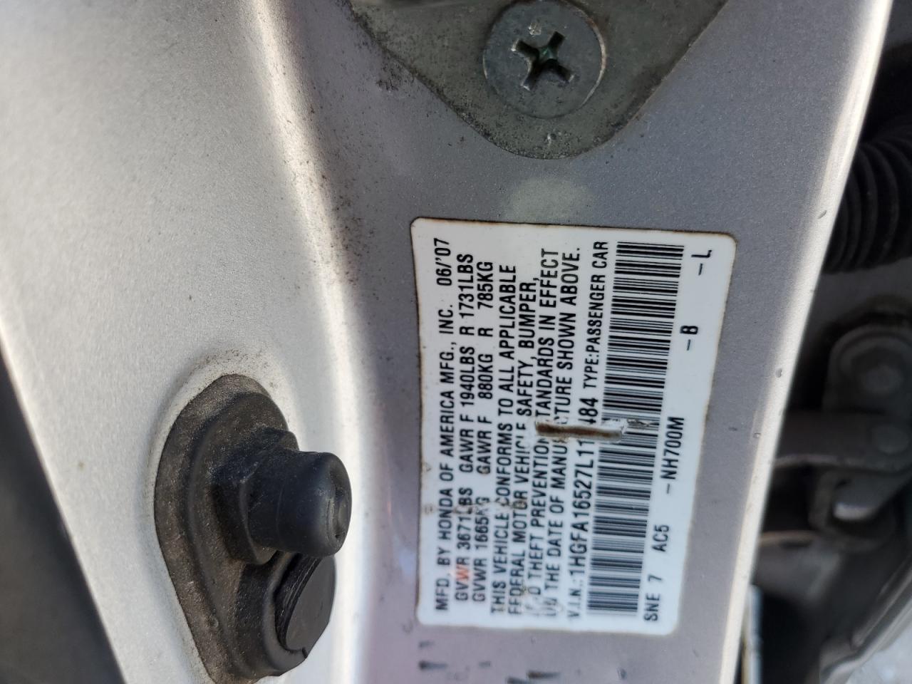 2007 Honda Civic Lx VIN: 1HGFA16527L119484 Lot: 58626194