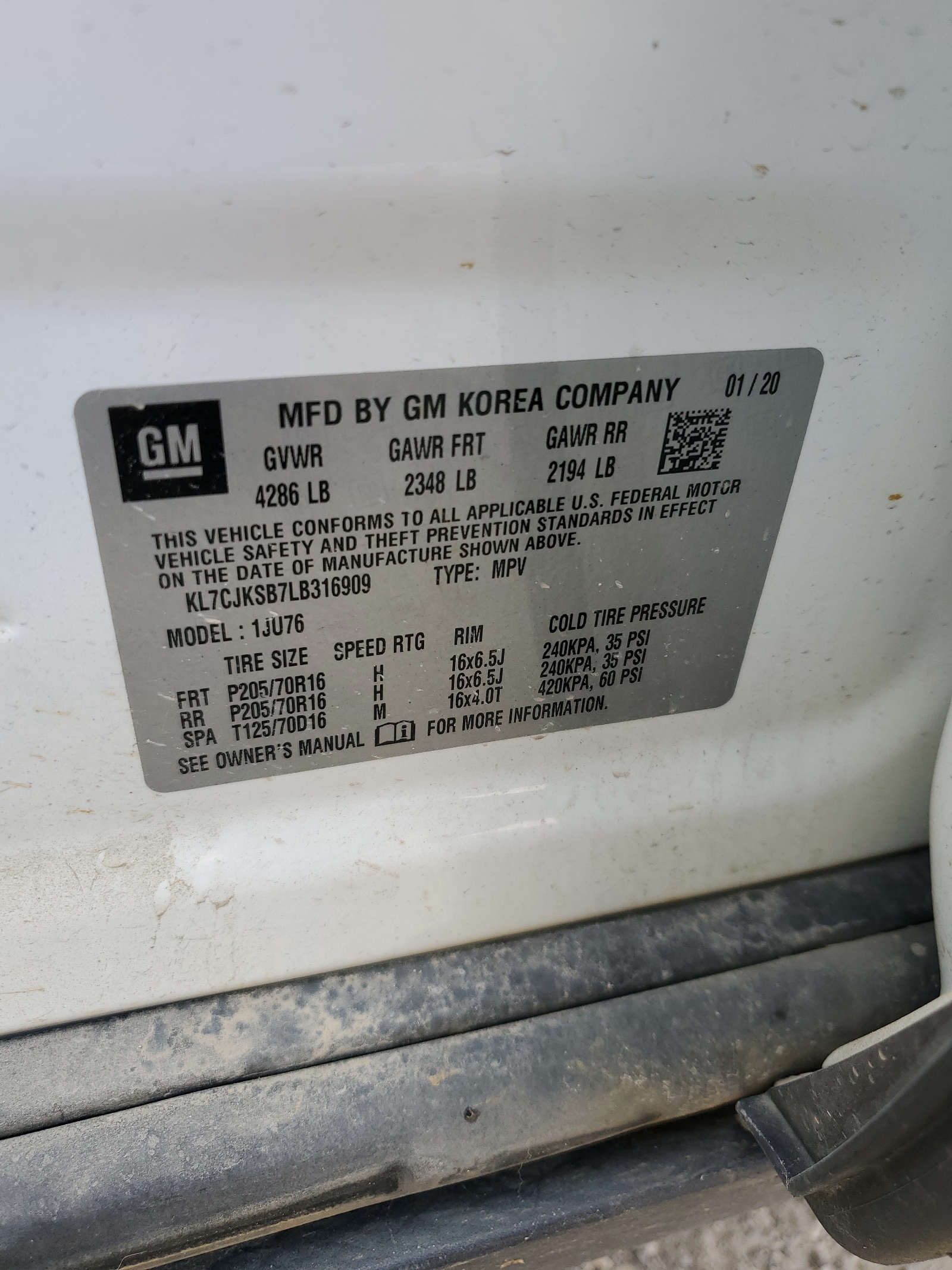 KL7CJKSB7LB316909 2020 Chevrolet Trax Ls