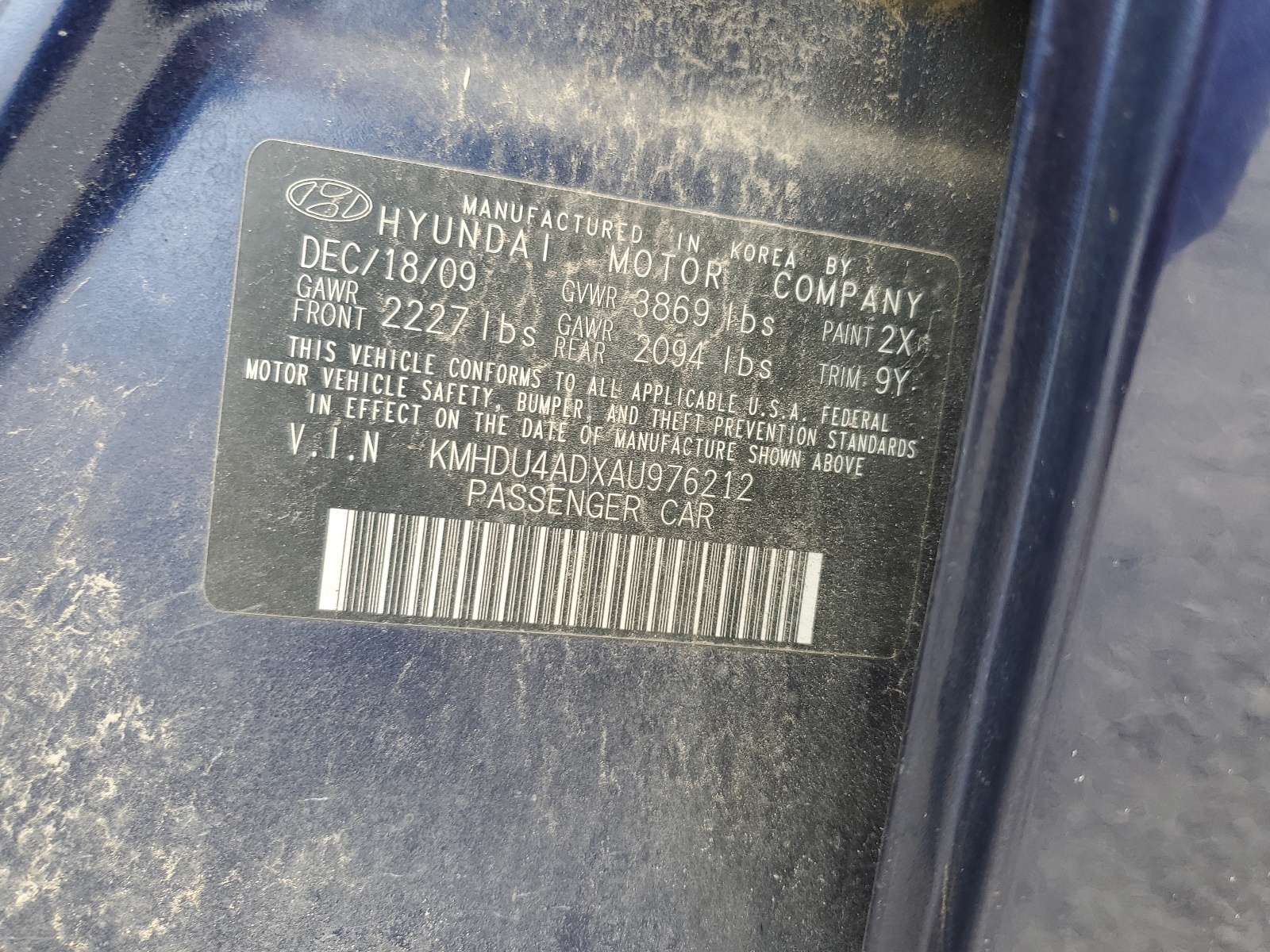 KMHDU4ADXAU976212 2010 Hyundai Elantra Blue