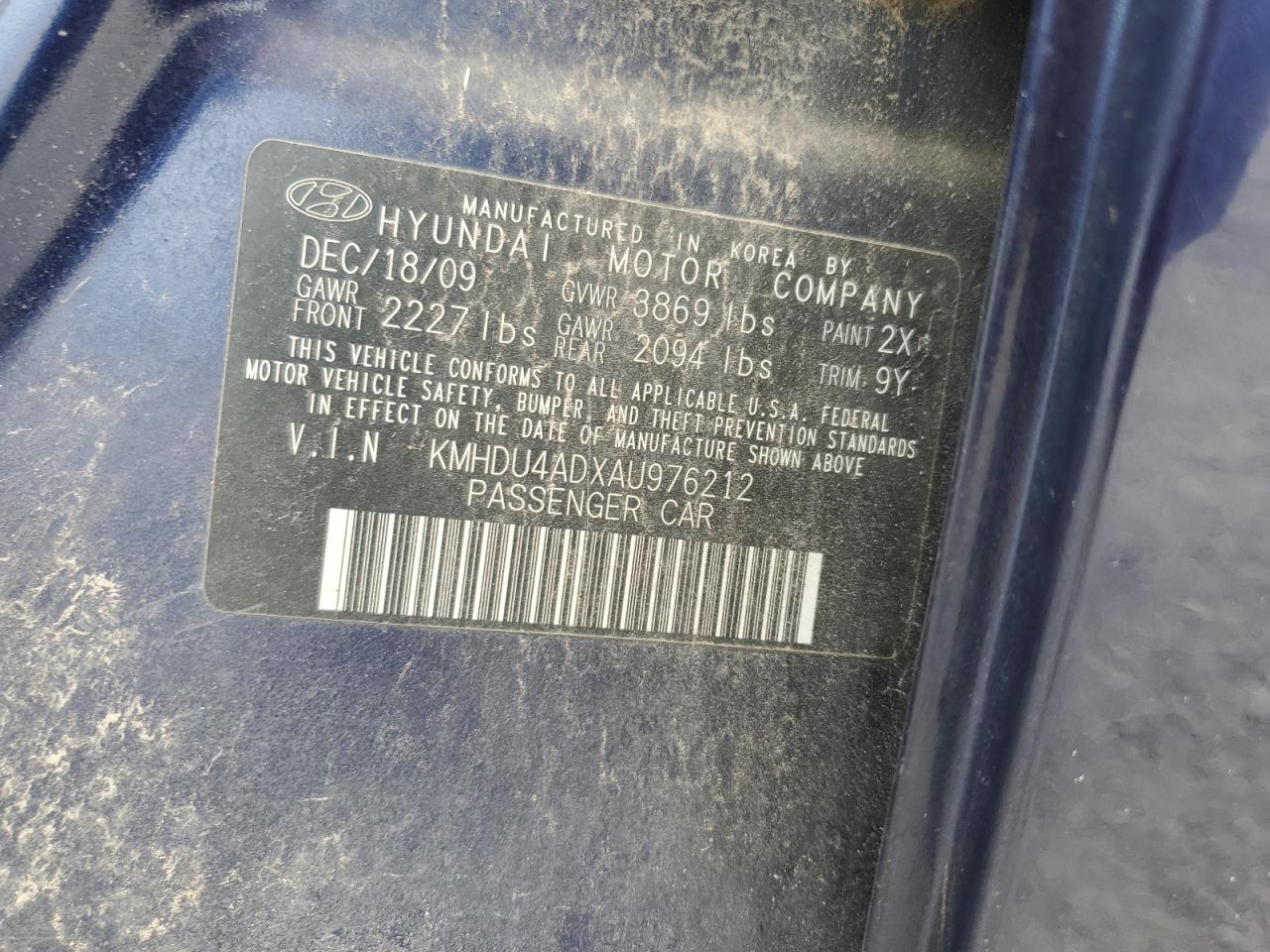 2010 Hyundai Elantra Blue VIN: KMHDU4ADXAU976212 Lot: 65153754