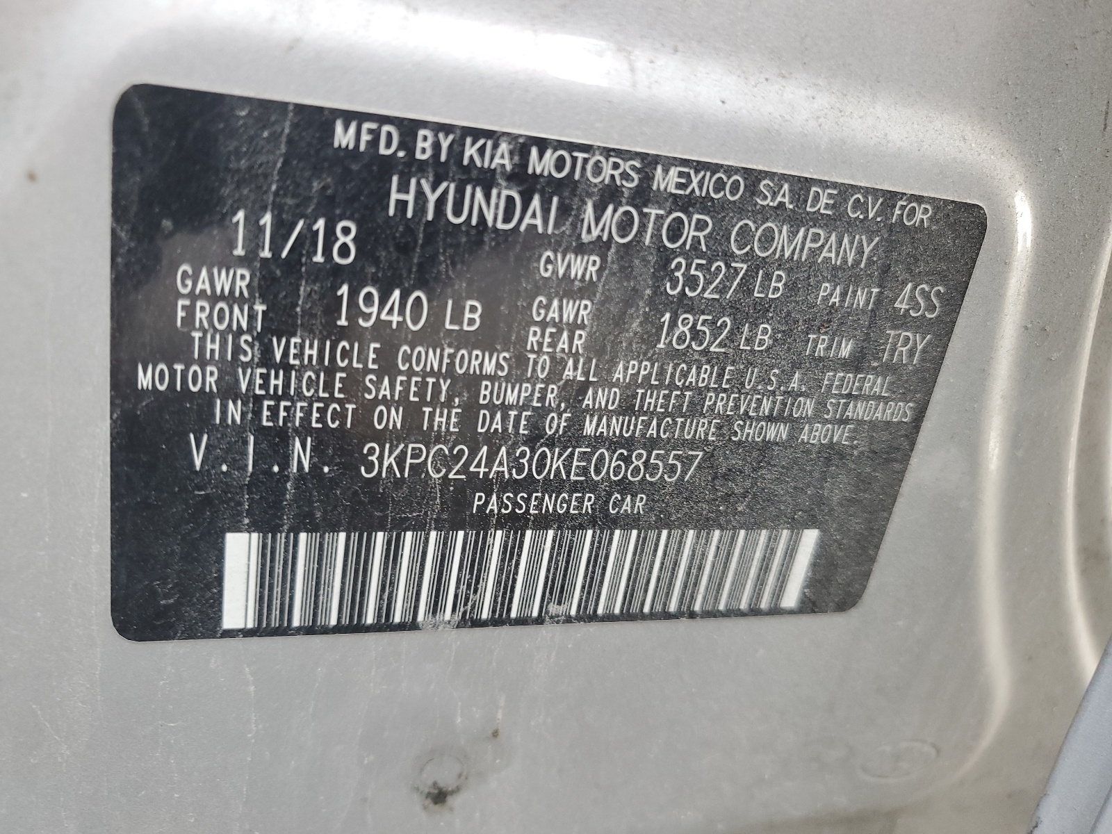 3KPC24A30KE068557 2019 Hyundai Accent Se