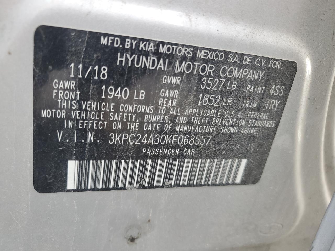 2019 Hyundai Accent Se VIN: 3KPC24A30KE068557 Lot: 64244644