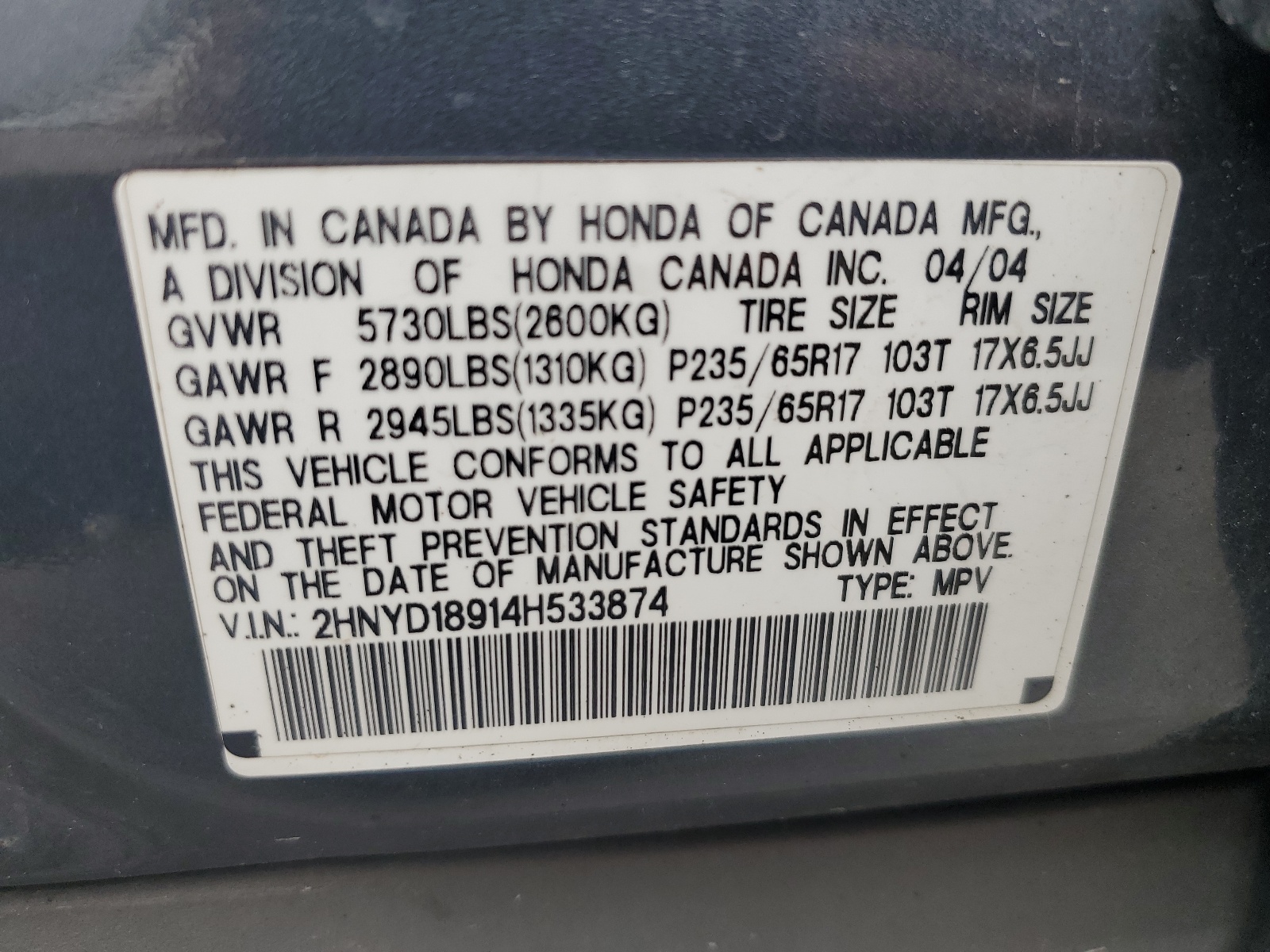 2HNYD18914H533874 2004 Acura Mdx Touring