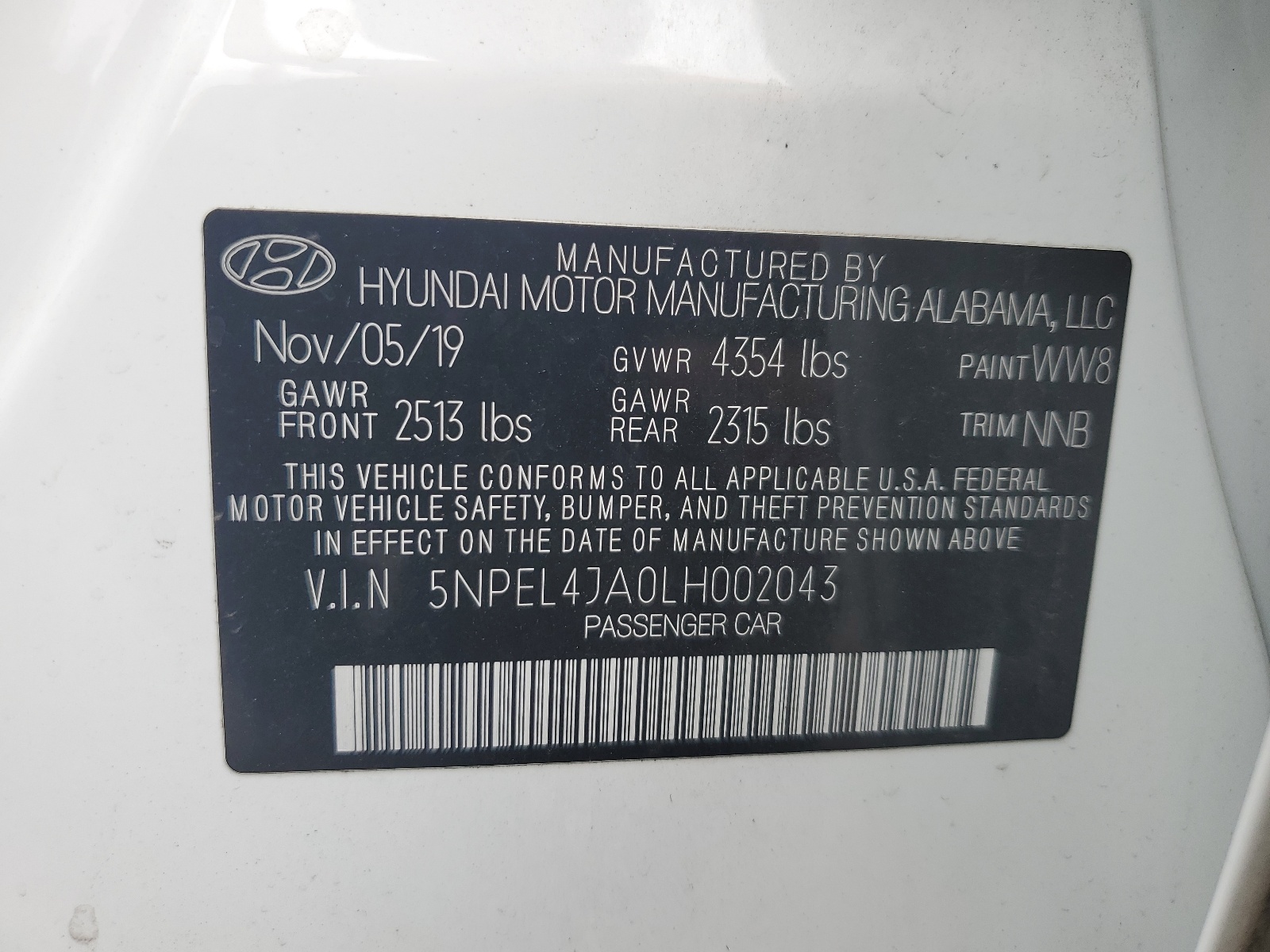 5NPEL4JA0LH002043 2020 Hyundai Sonata Sel