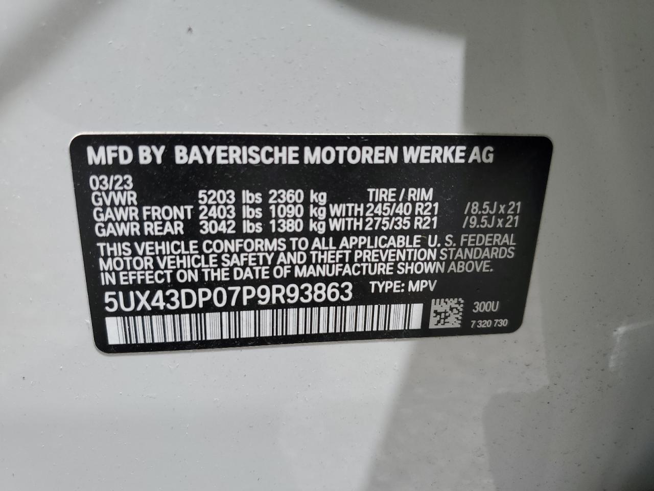 5UX43DP07P9R93863 2023 BMW X3 Sdrive30I