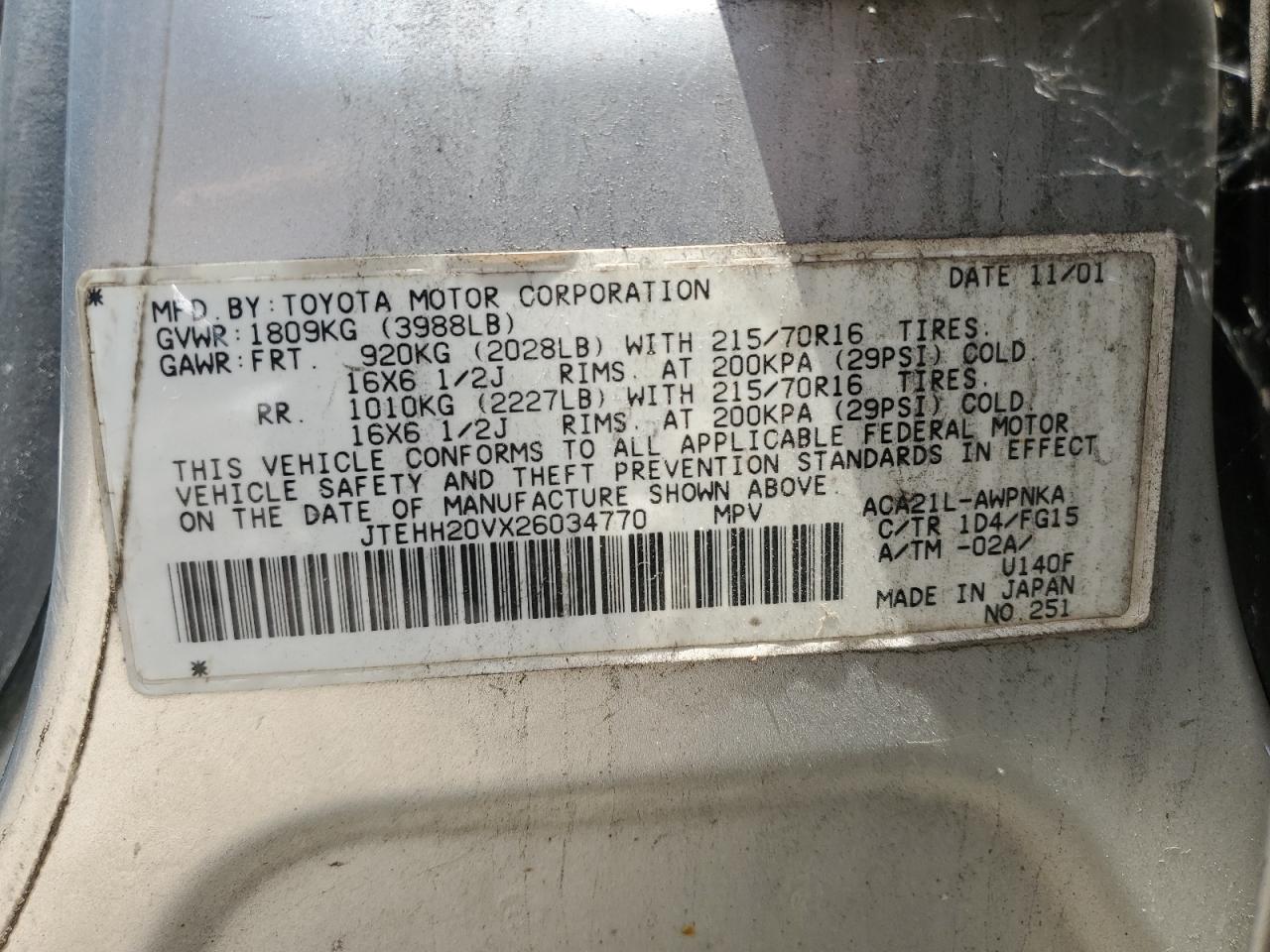 2002 Toyota Rav4 VIN: JTEHH20VX26034770 Lot: 63415934